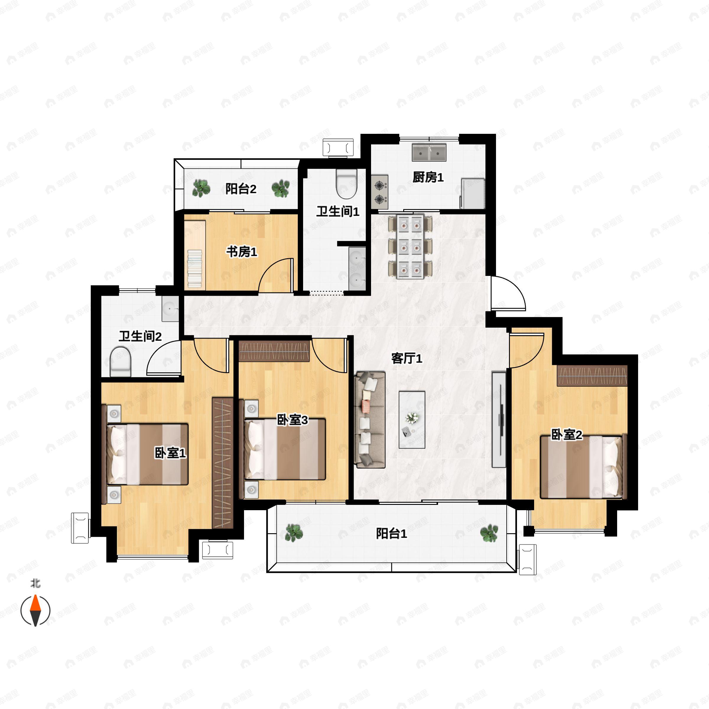 4室2厅2卫建面128平南户型图