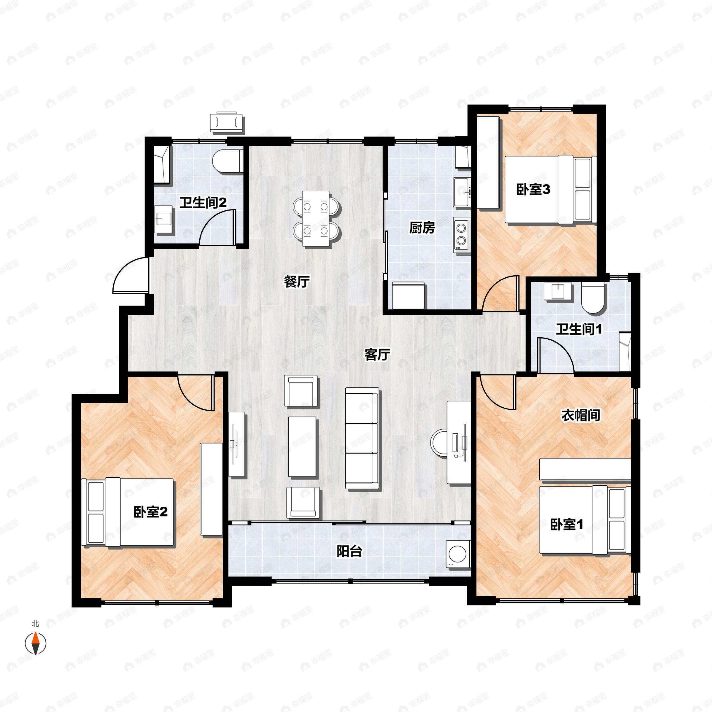 3室2厅2卫建面127平南|北户型图