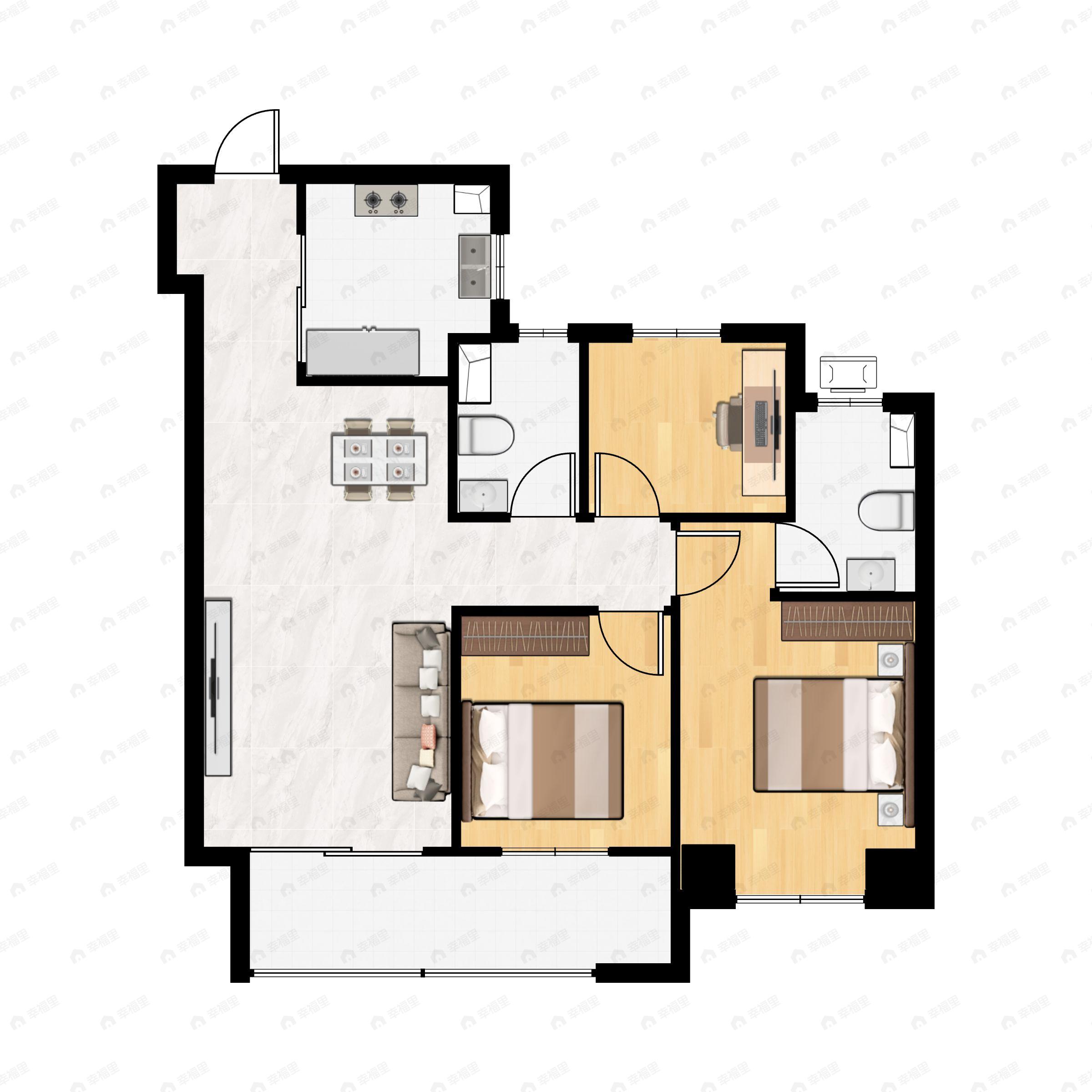 3室2厅2卫建面112m²南户型图
