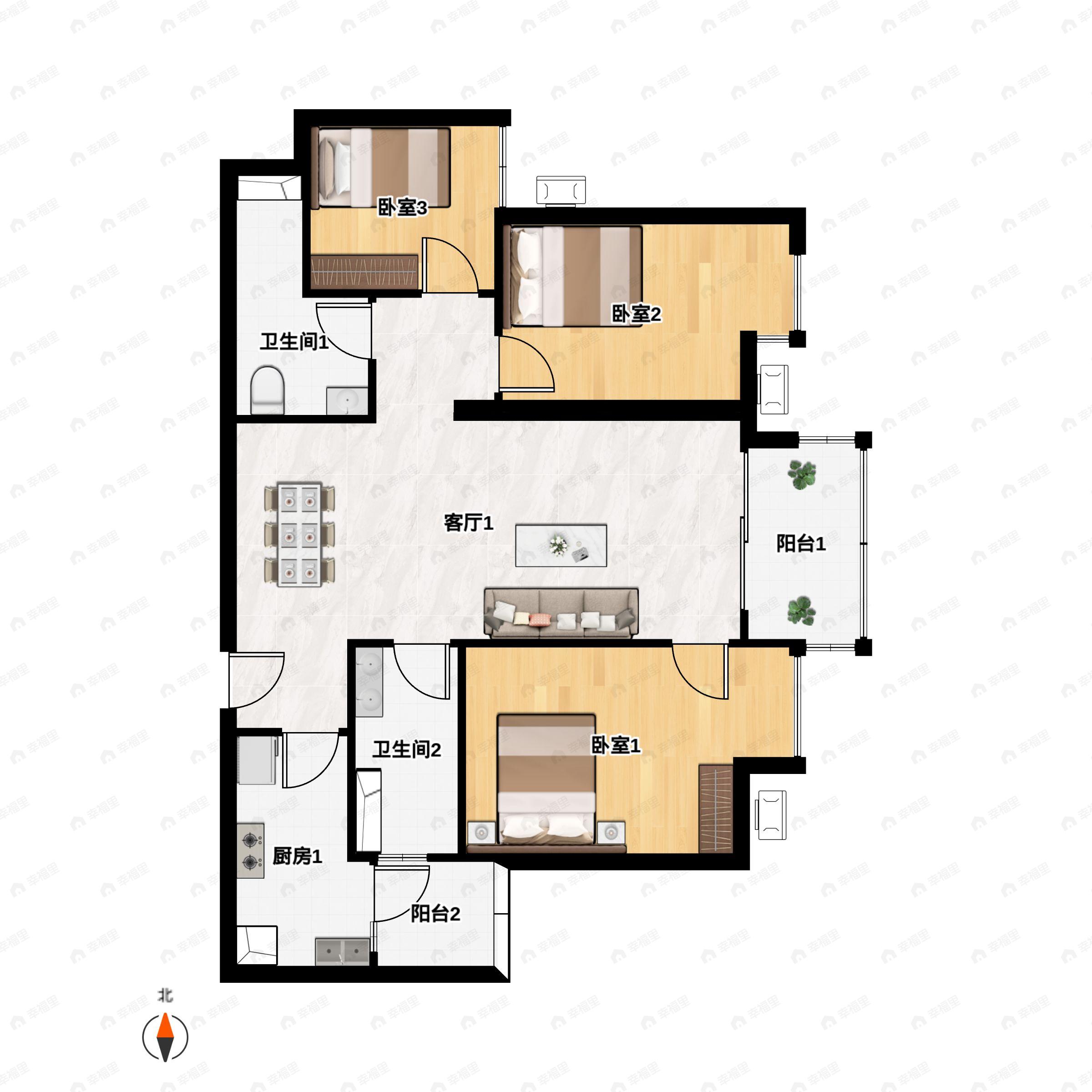 3室2厅2卫建面92平户型图