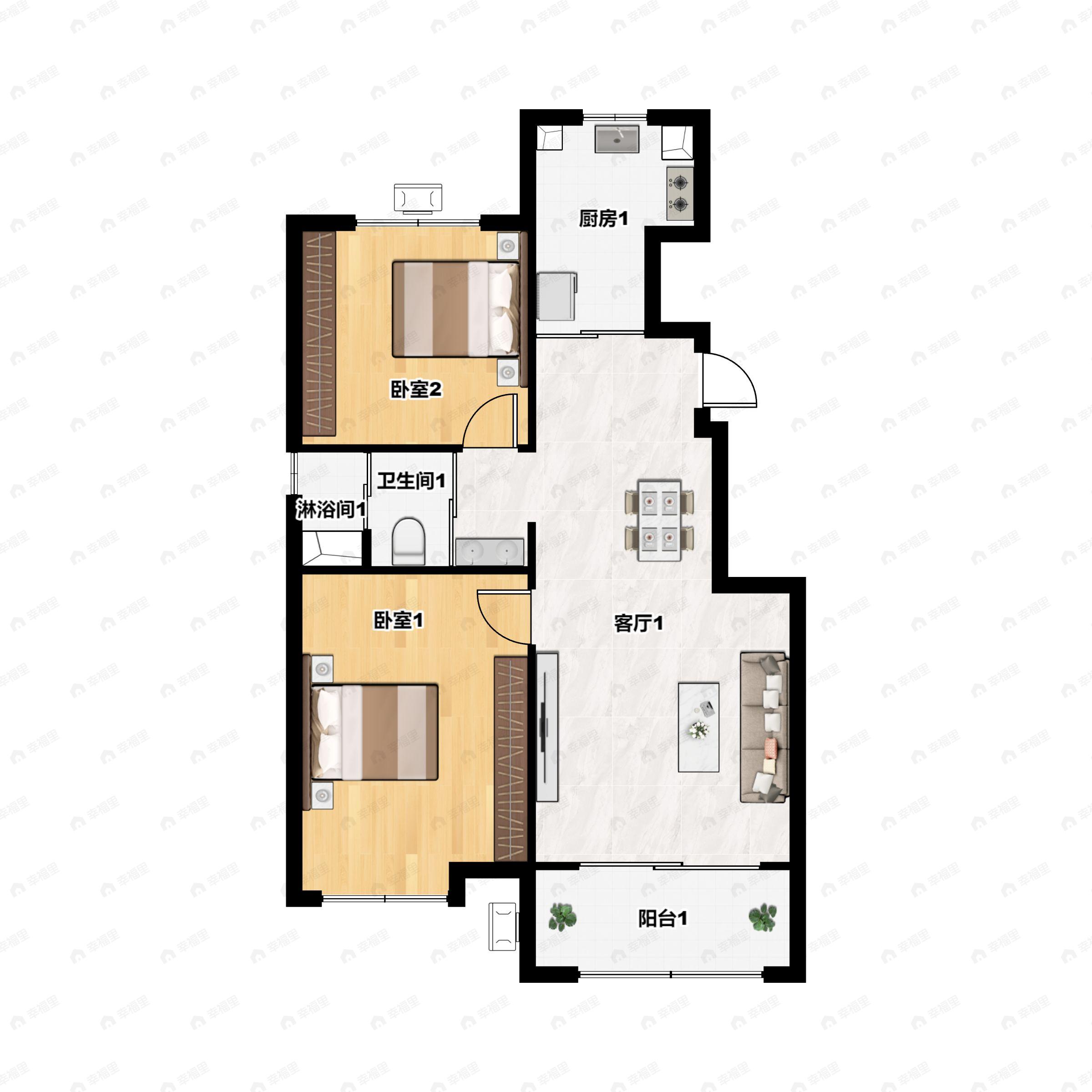 2室2厅1卫建面84m²北|南户型图