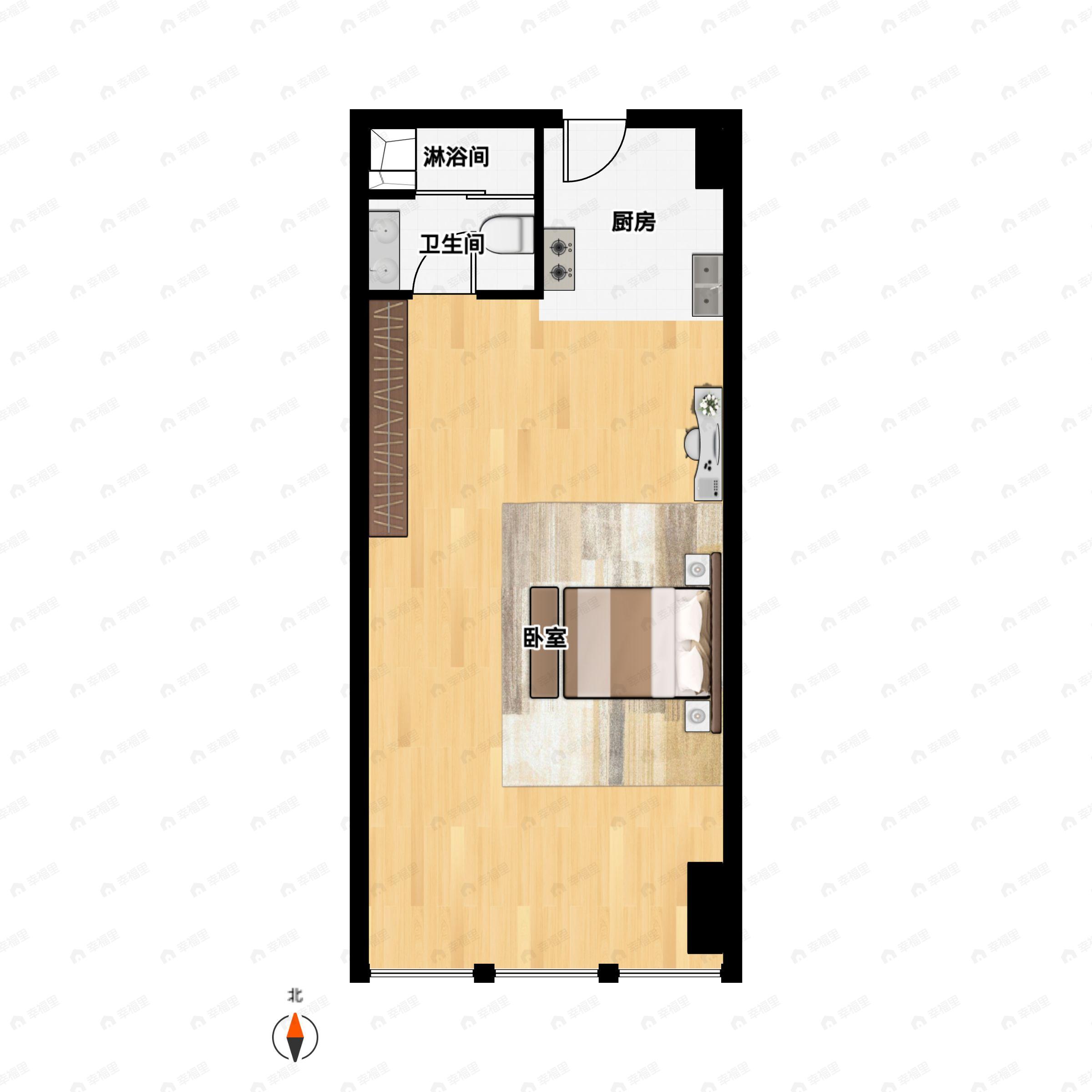 1室1厅1卫建面27m²南户型图