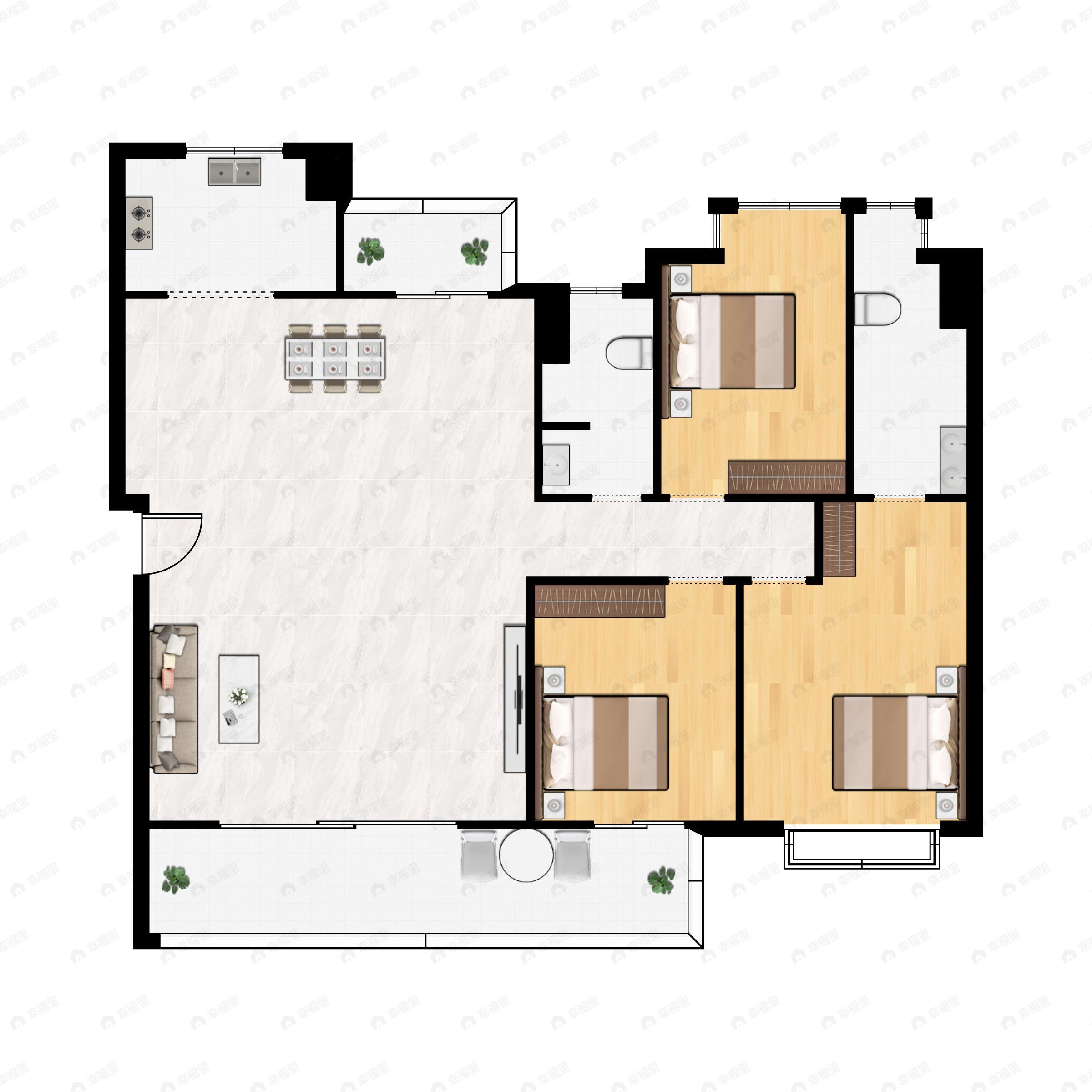 3室2厅2卫建面143m²南户型图