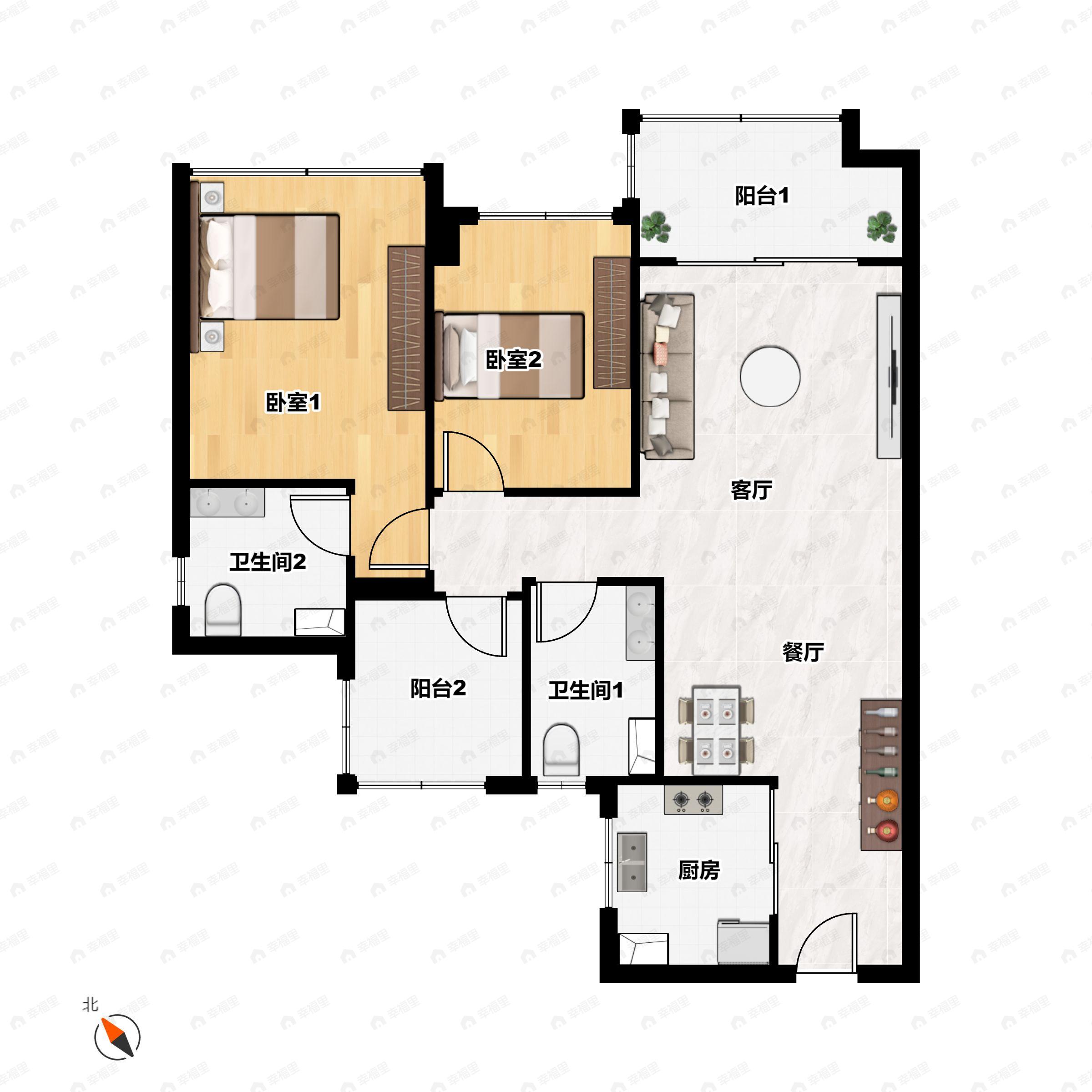 2室2厅2卫建面91平北户型图