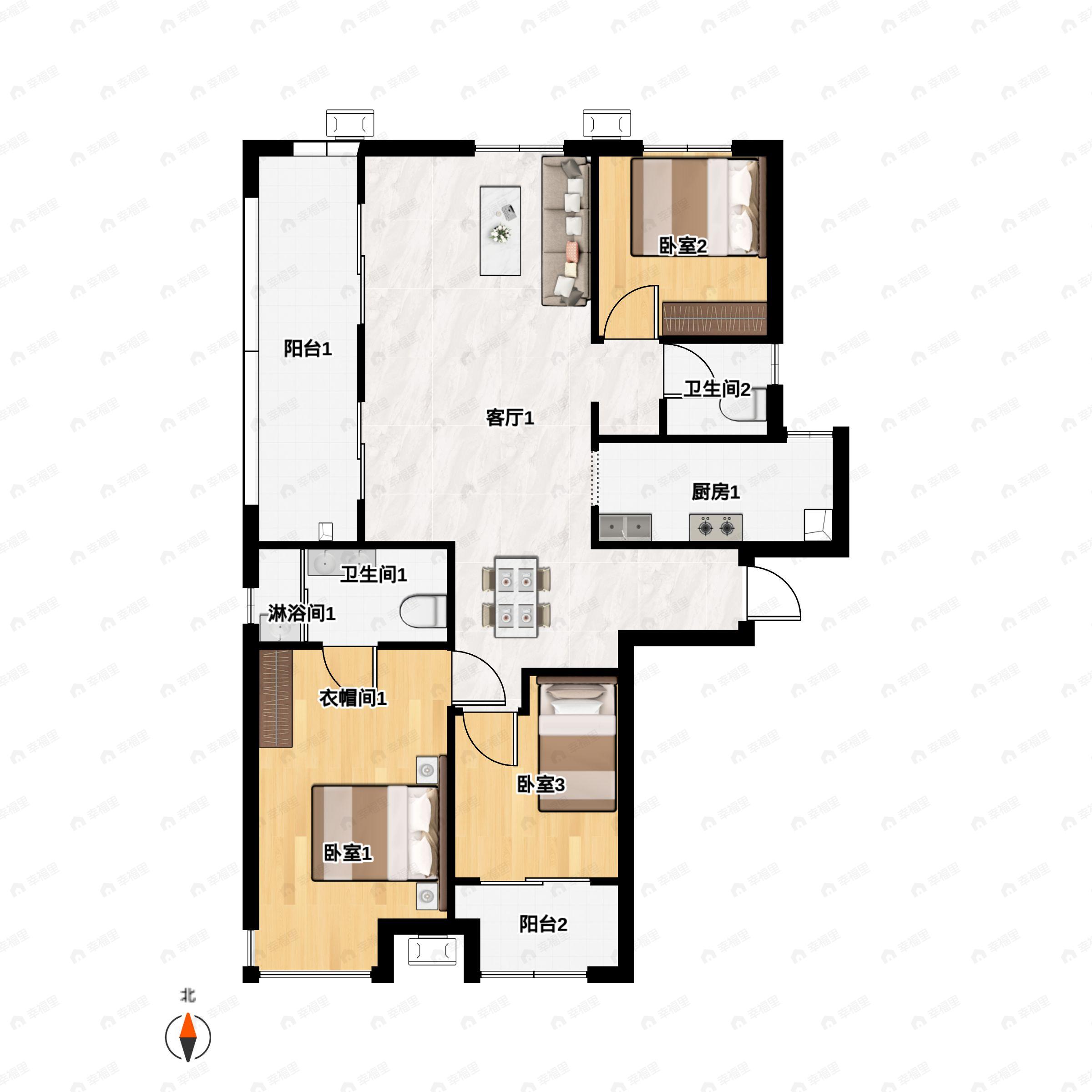 3室2厅2卫建面127平户型图