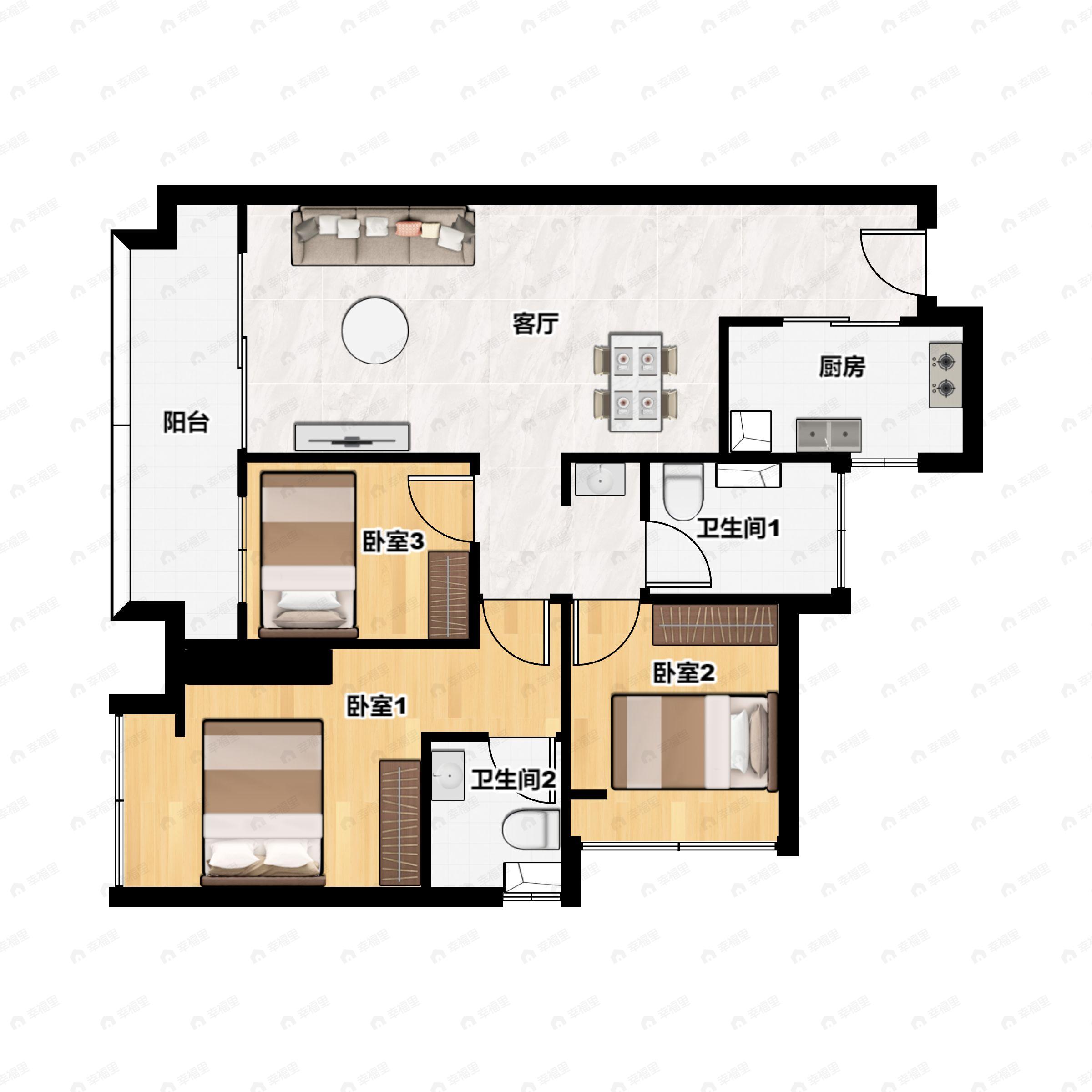 3室2厅2卫建面89m²西户型图