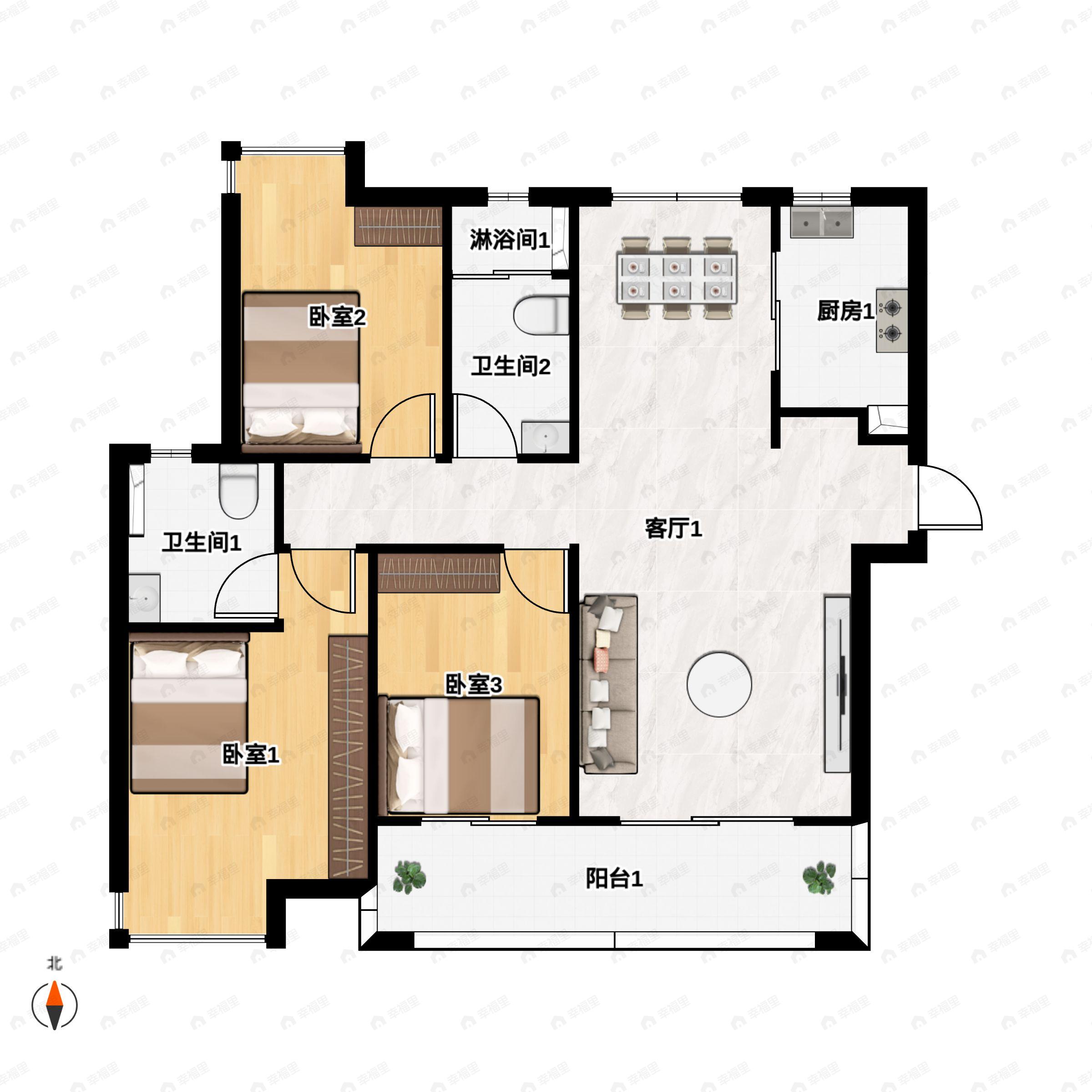 九江富力浔阳公馆3室2厅2卫户型图