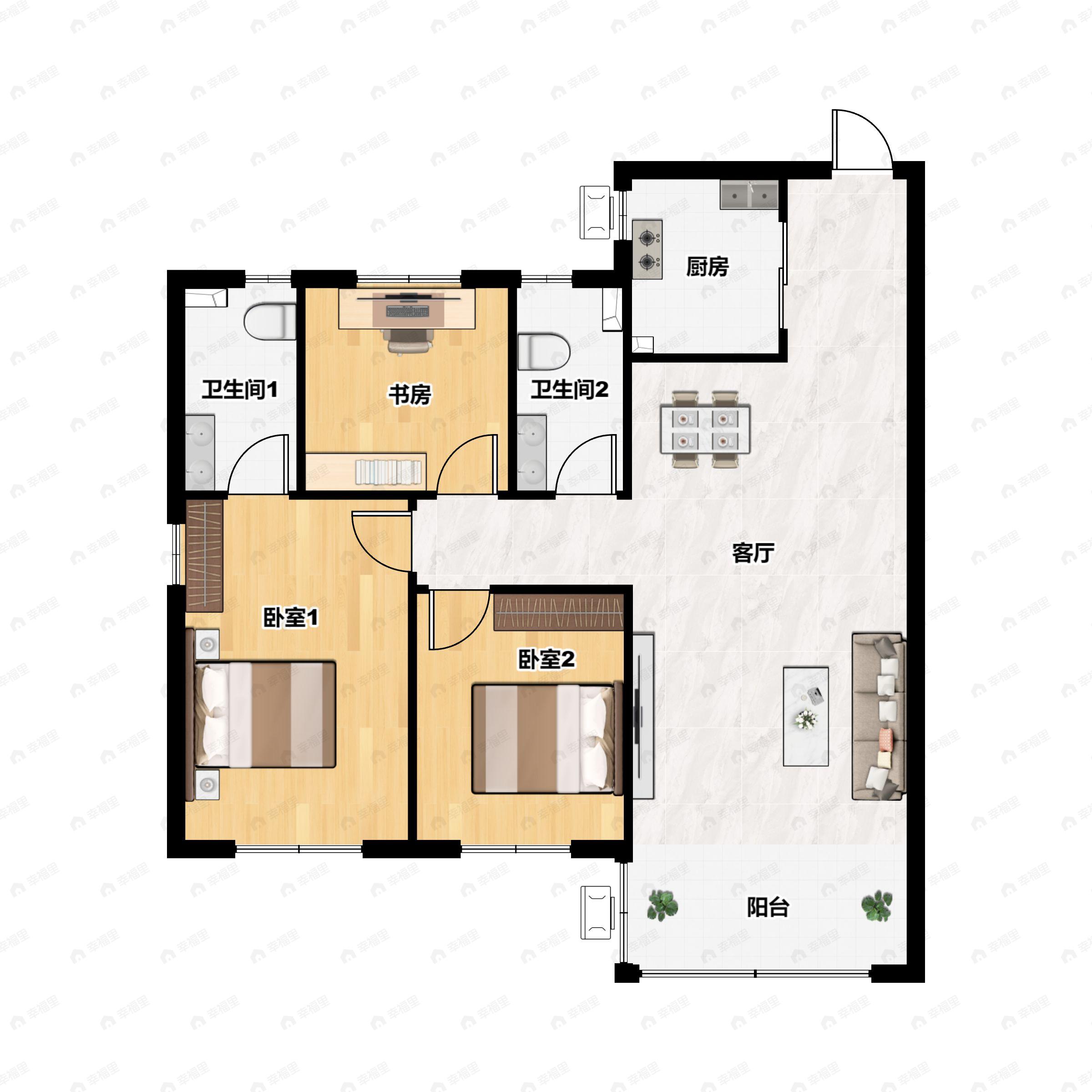 3室2厅2卫建面113平北|南户型图