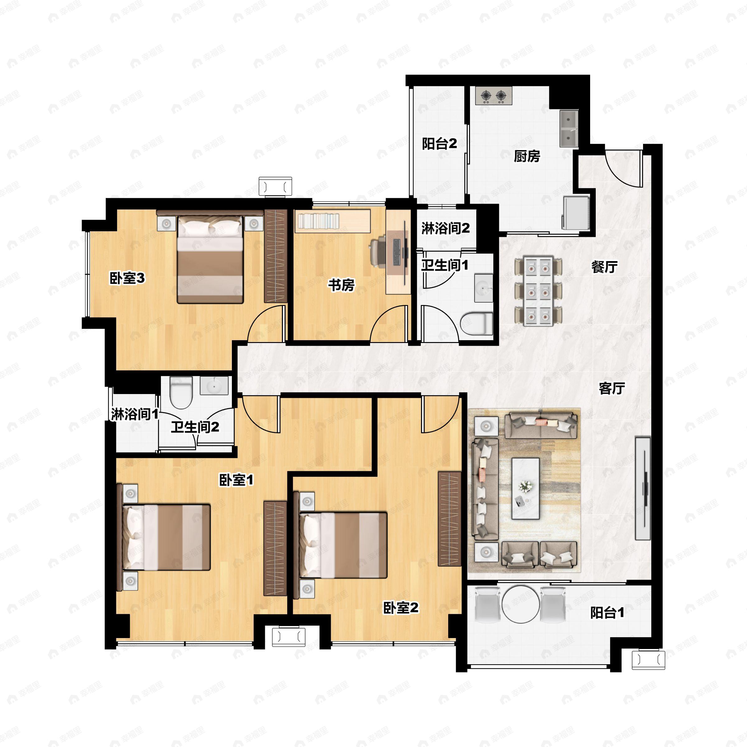 4室2厅2卫建面136平南户型图