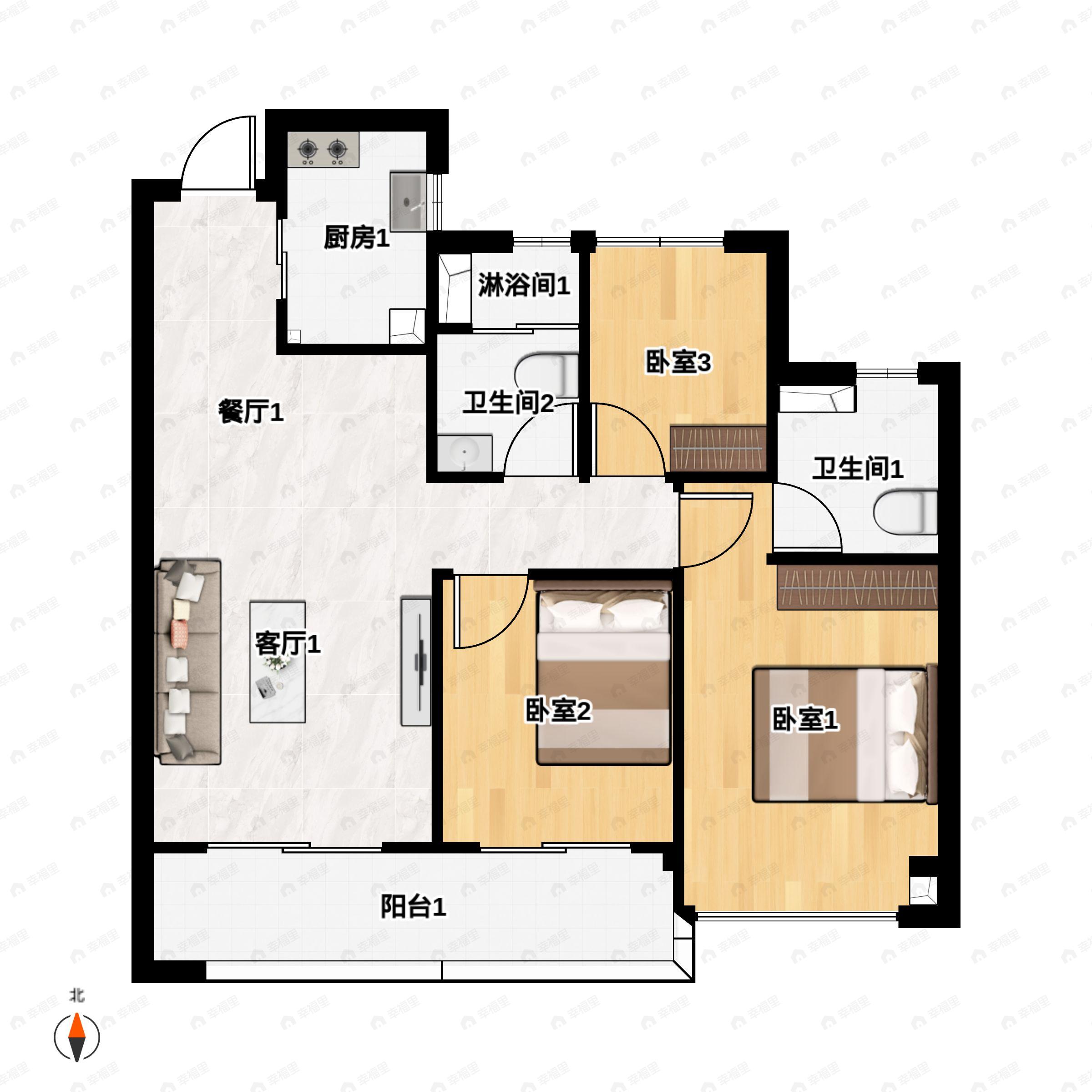 3室2厅2卫建面98平户型图
