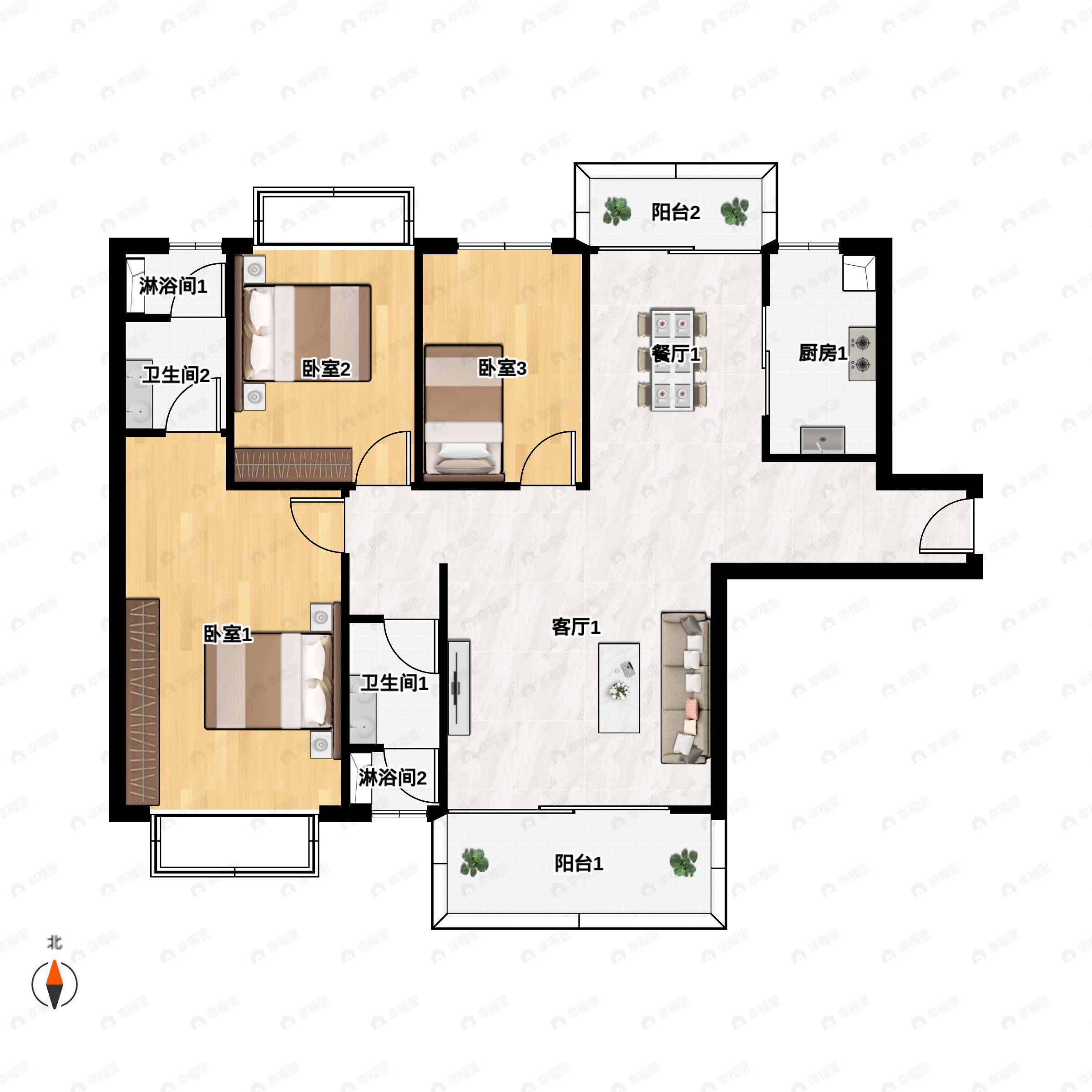 3室2厅2卫建面130m²南户型图