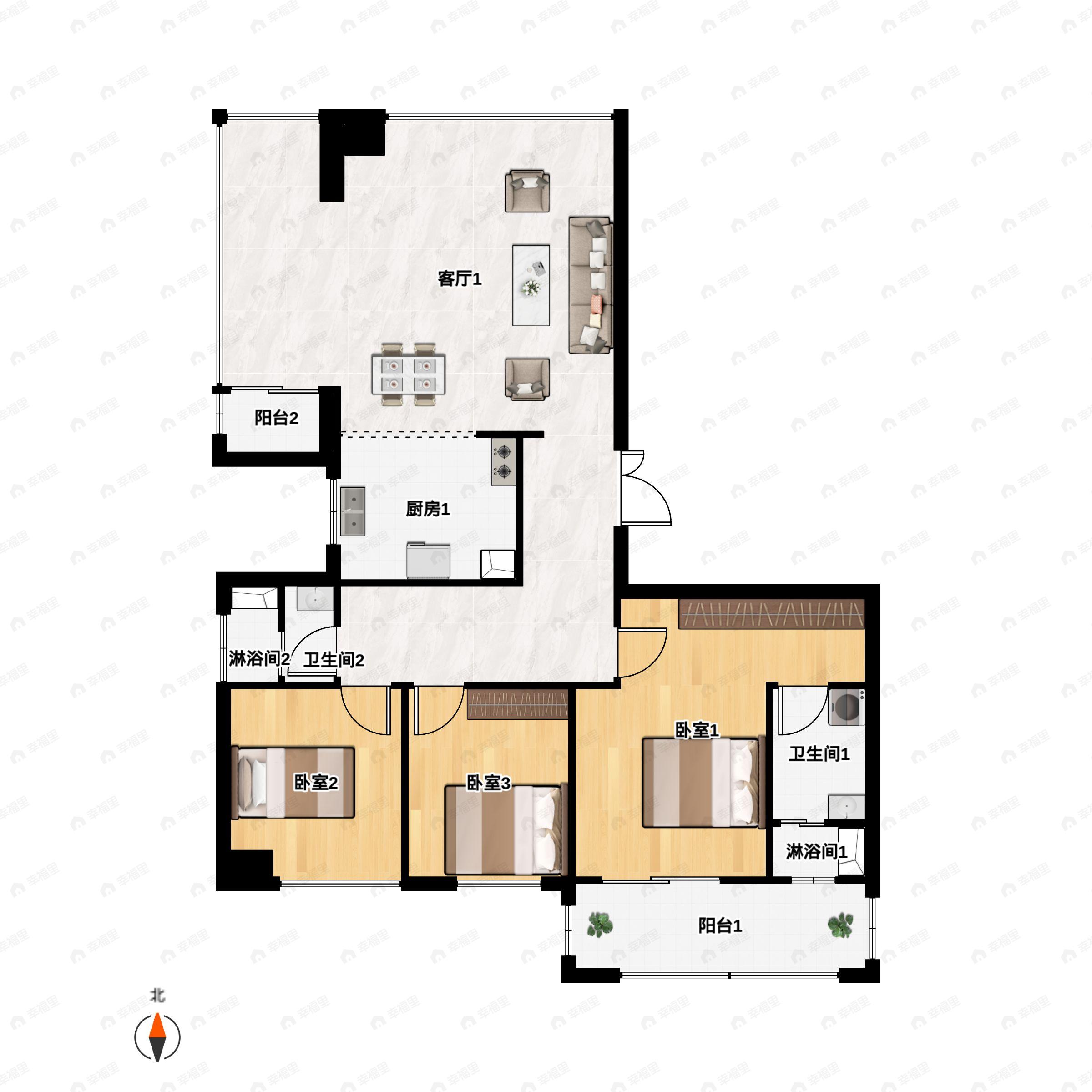 3室2厅2卫建面150m²南|北户型图