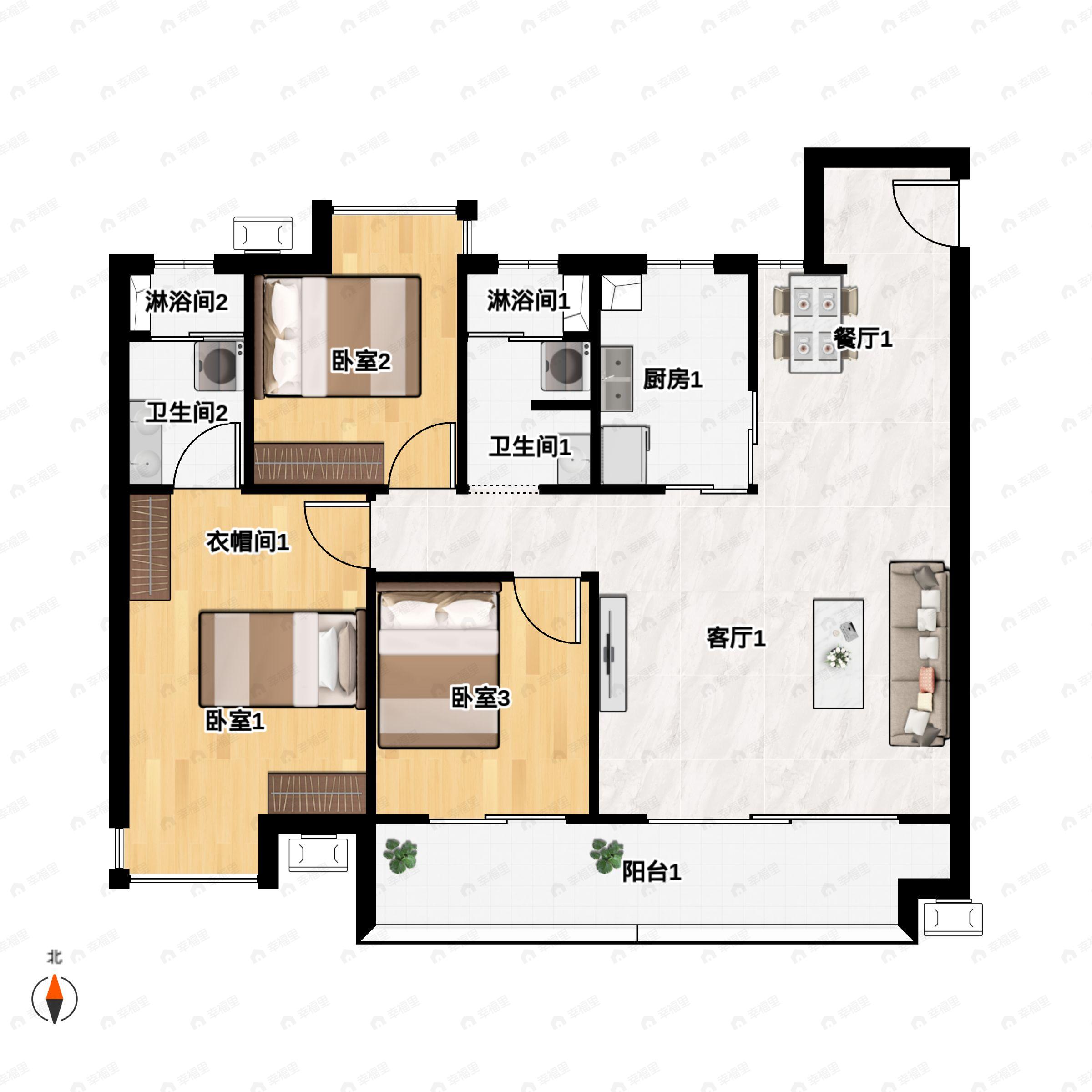 3室2厅2卫建面115平户型图