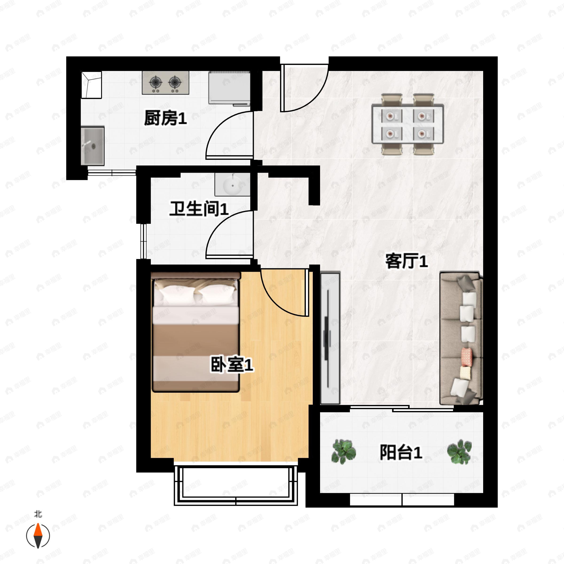 1室1厅1卫建面59m²南户型图