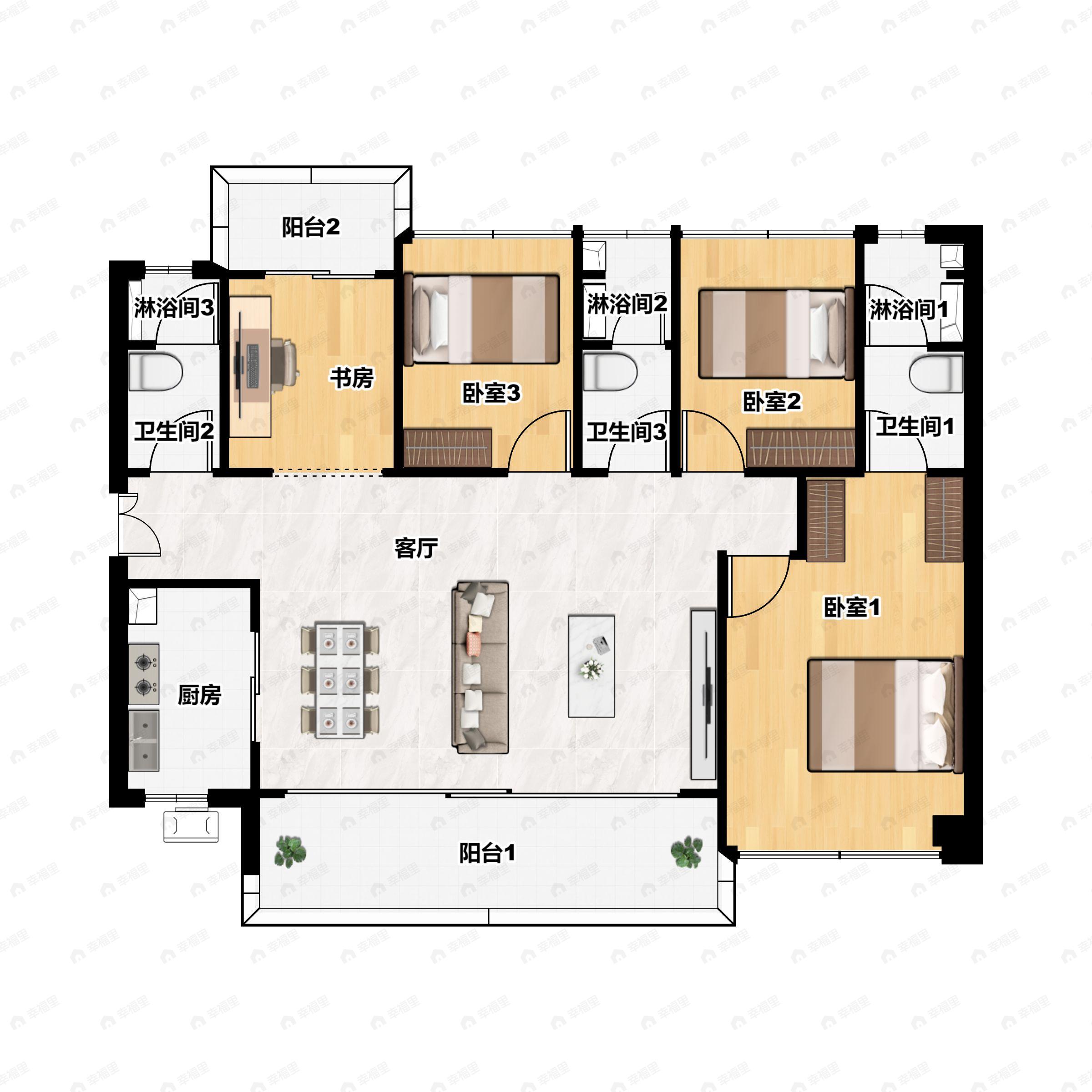 4室2厅3卫建面165平北|南户型图