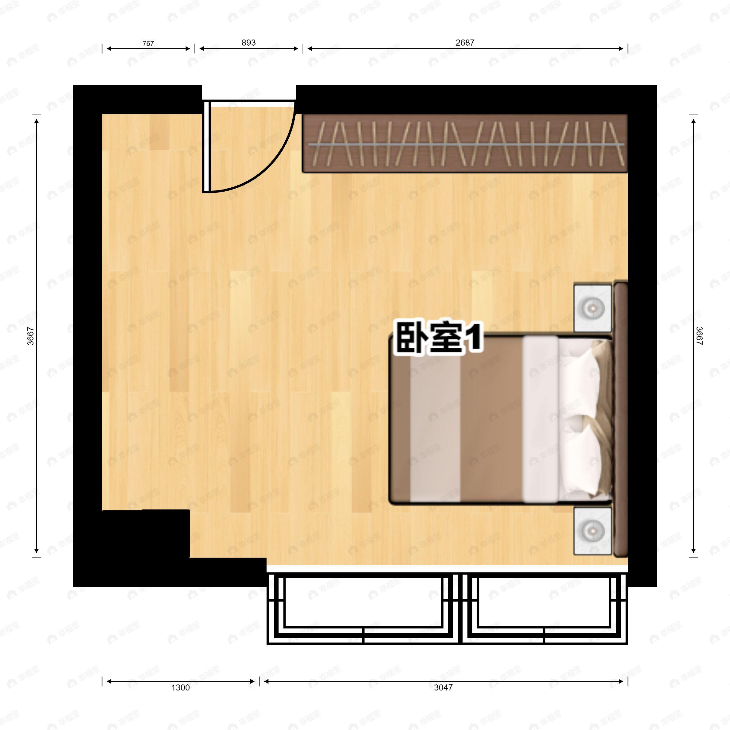 1室1厅1卫建面44m²南户型图