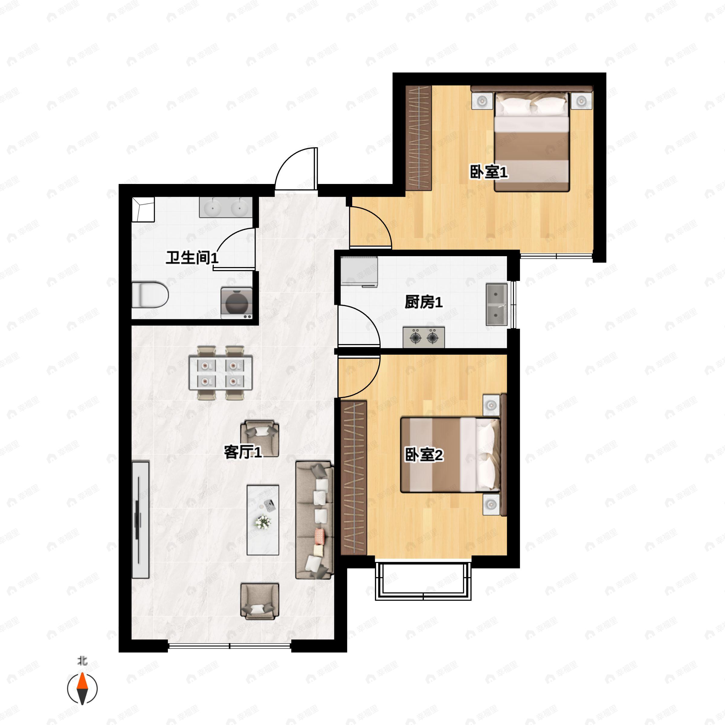 2室2厅1卫建面88m²南户型图