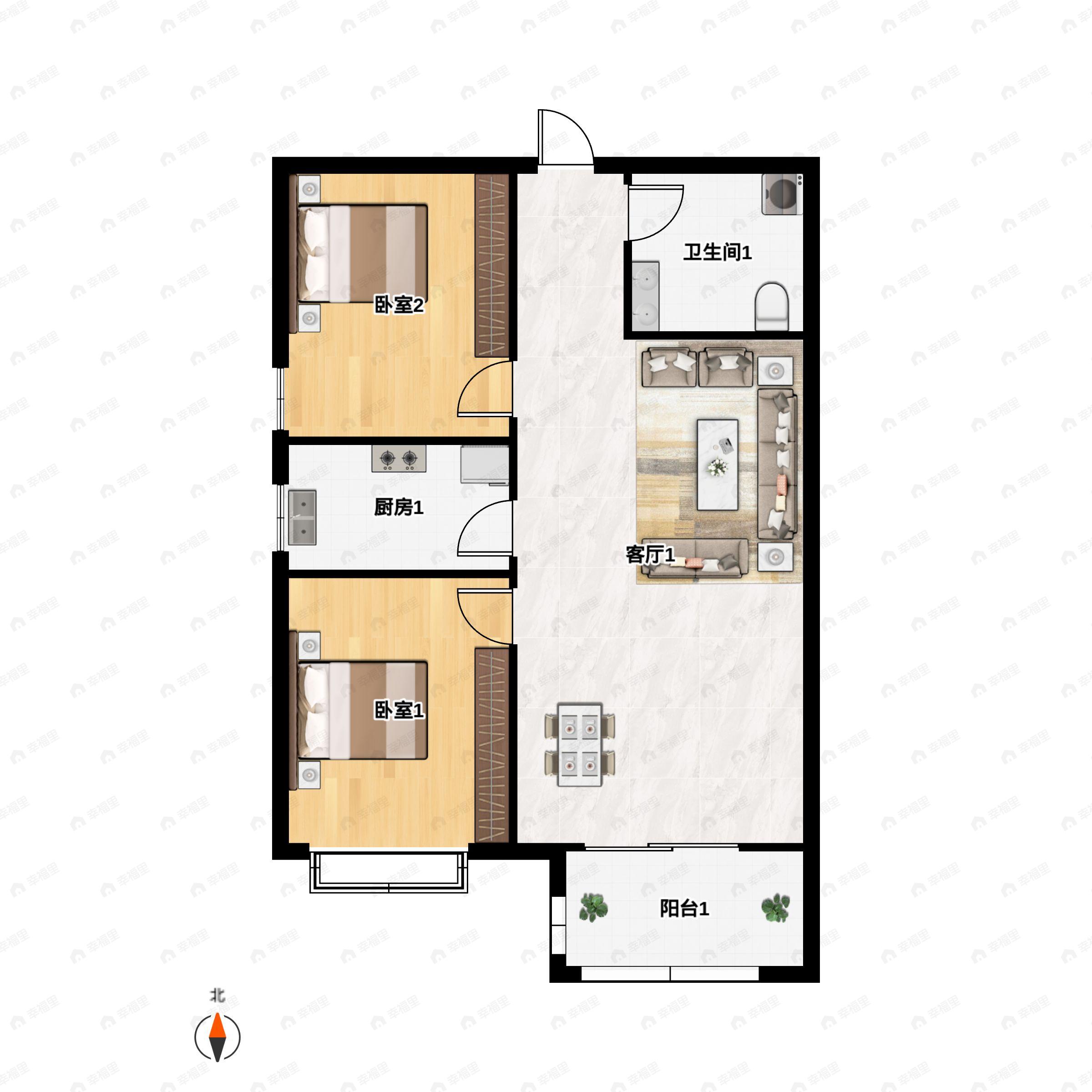 2室2厅1卫建面87m²北|南户型图