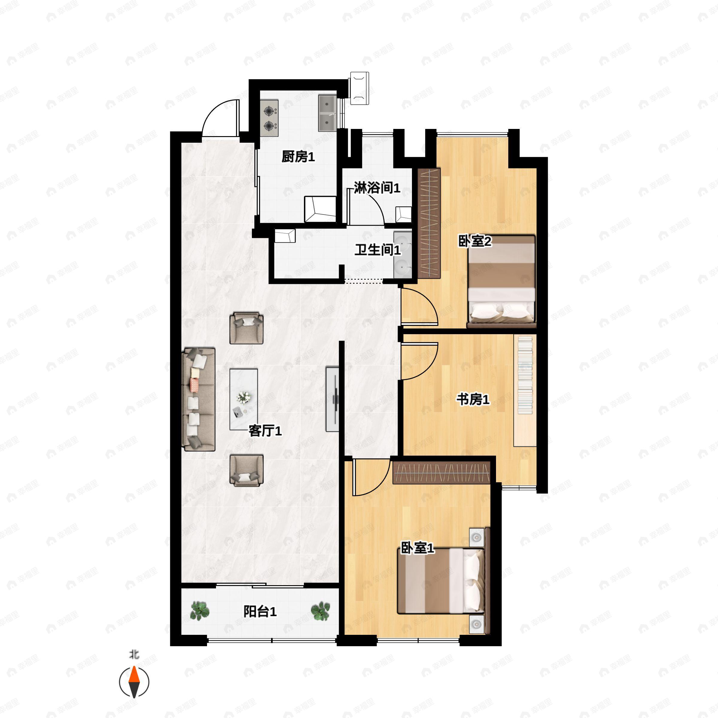 3室2厅1卫建面99m²北|南户型图