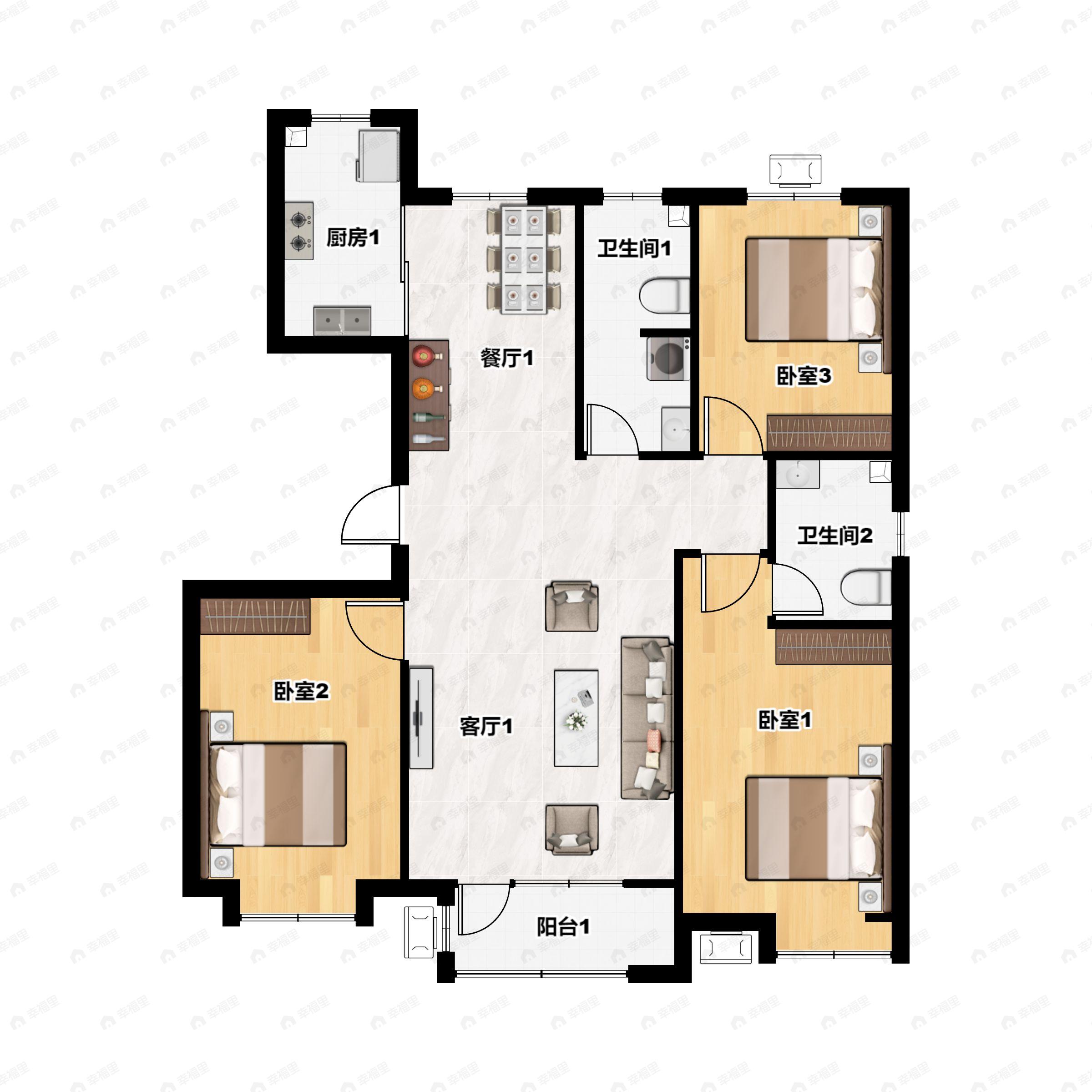 3室2厅2卫建面134平北|南户型图