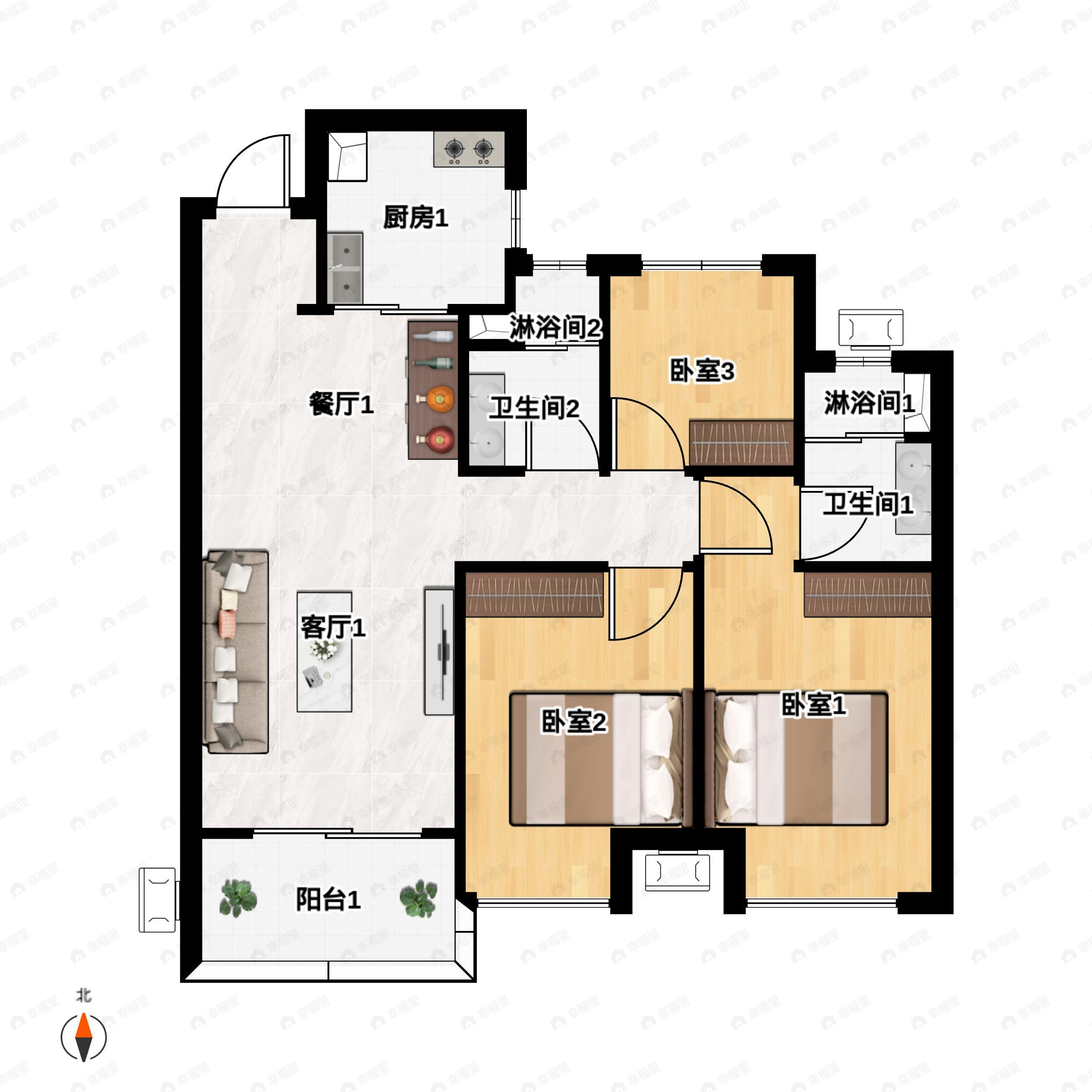 3室2厅2卫建面97平户型图