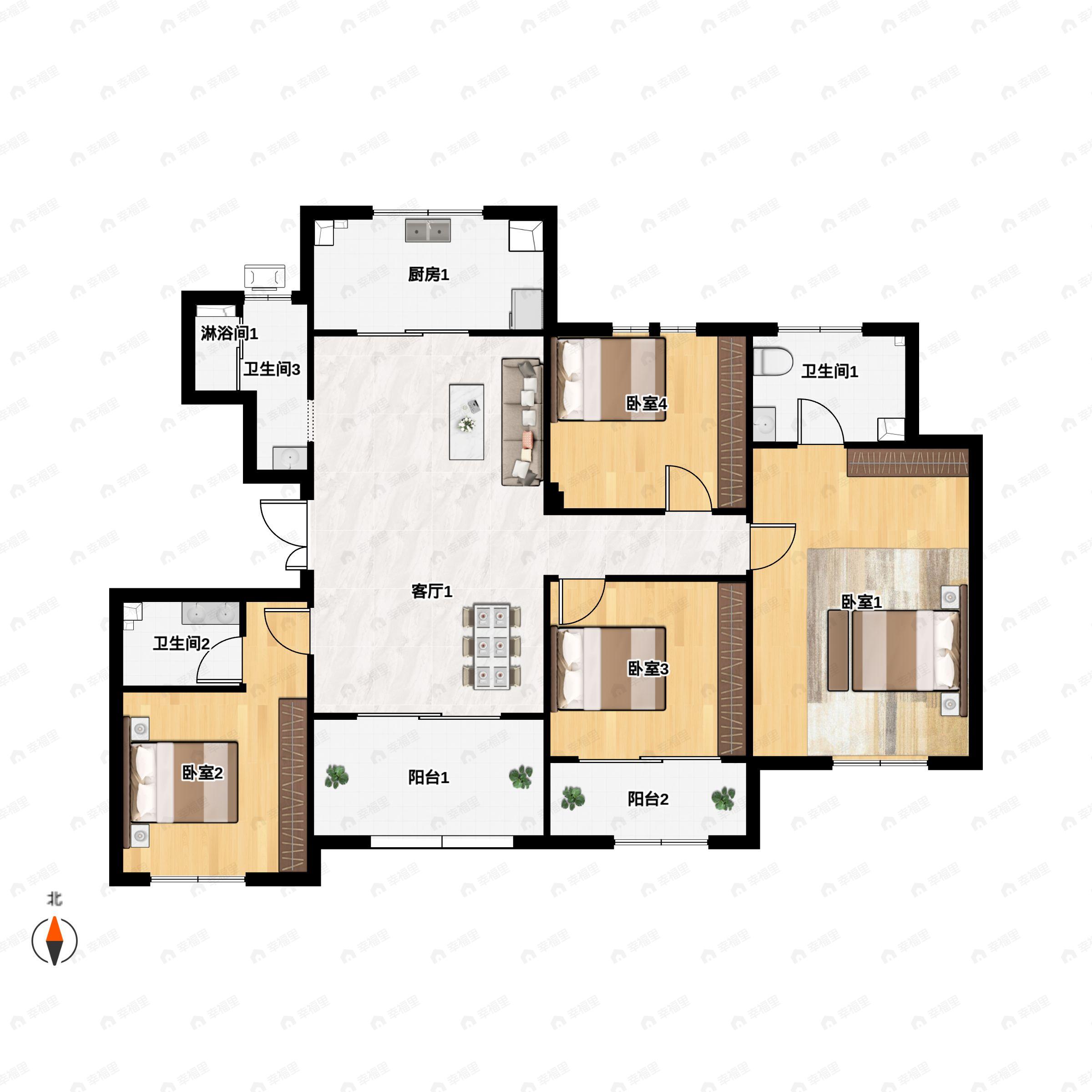 4室1厅3卫建面165m²南户型图