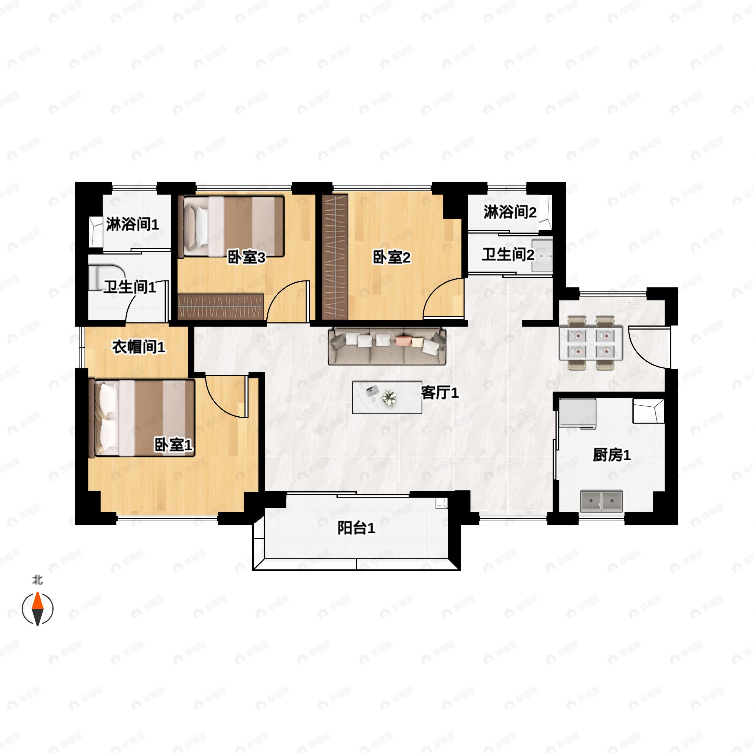 3室2厅2卫建面87平户型图