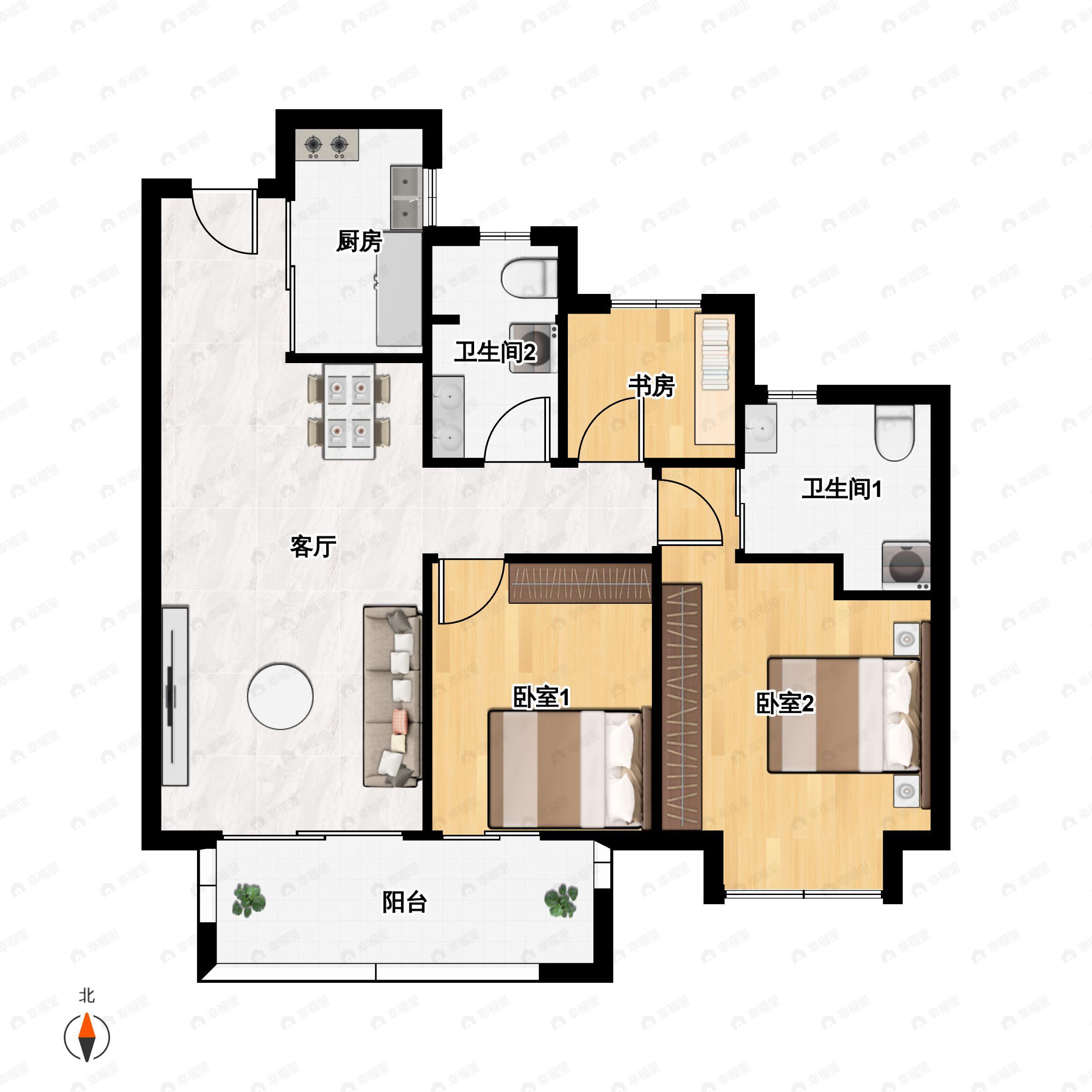 3室2厅2卫建面95平户型图