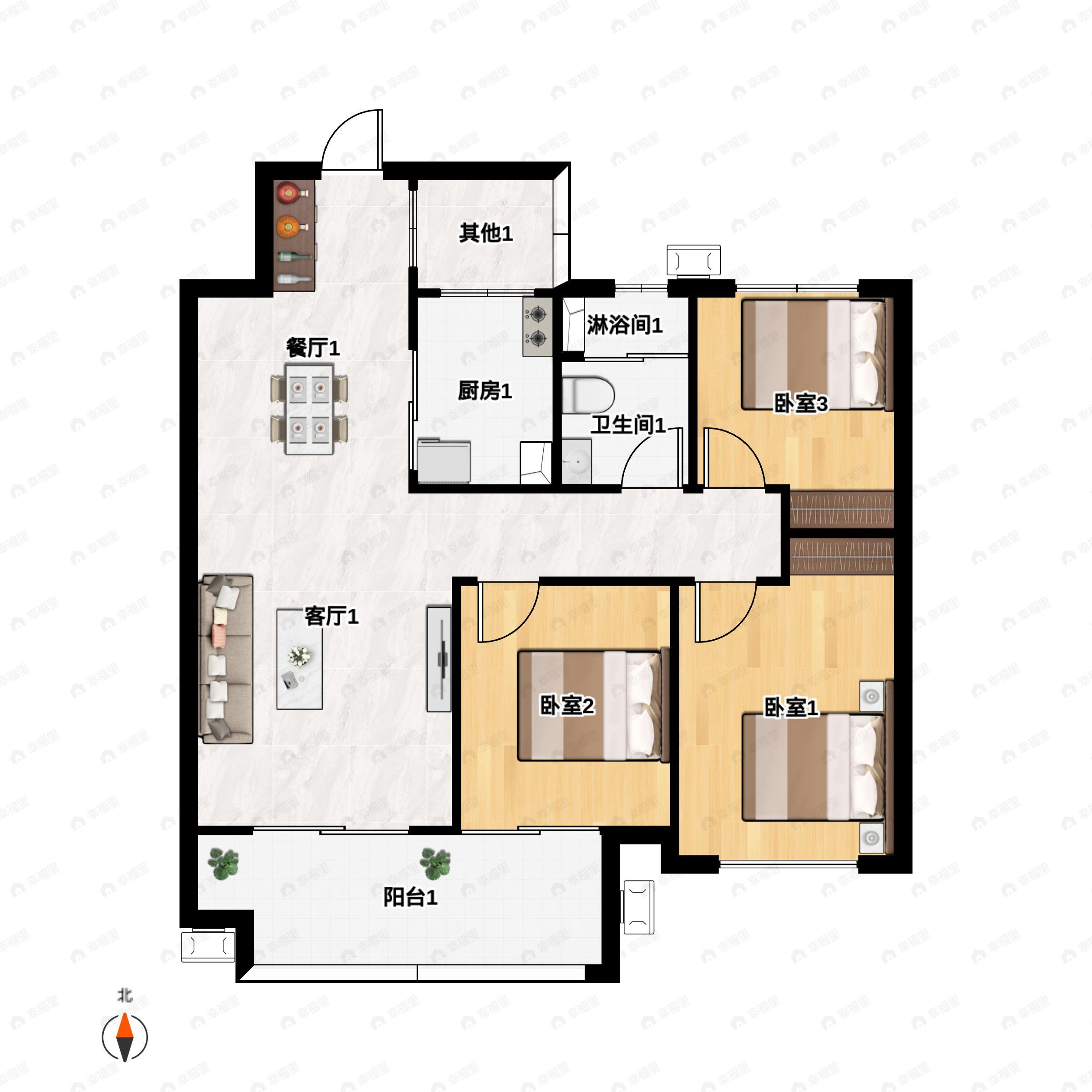 3室2厅1卫建面96m²南|北户型图