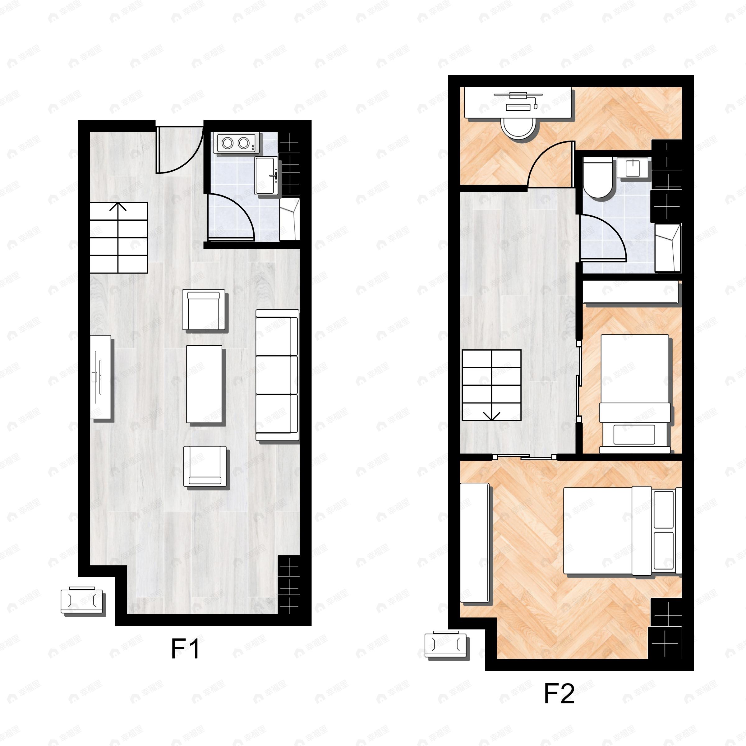 2室1厅2卫建面40m²南户型图