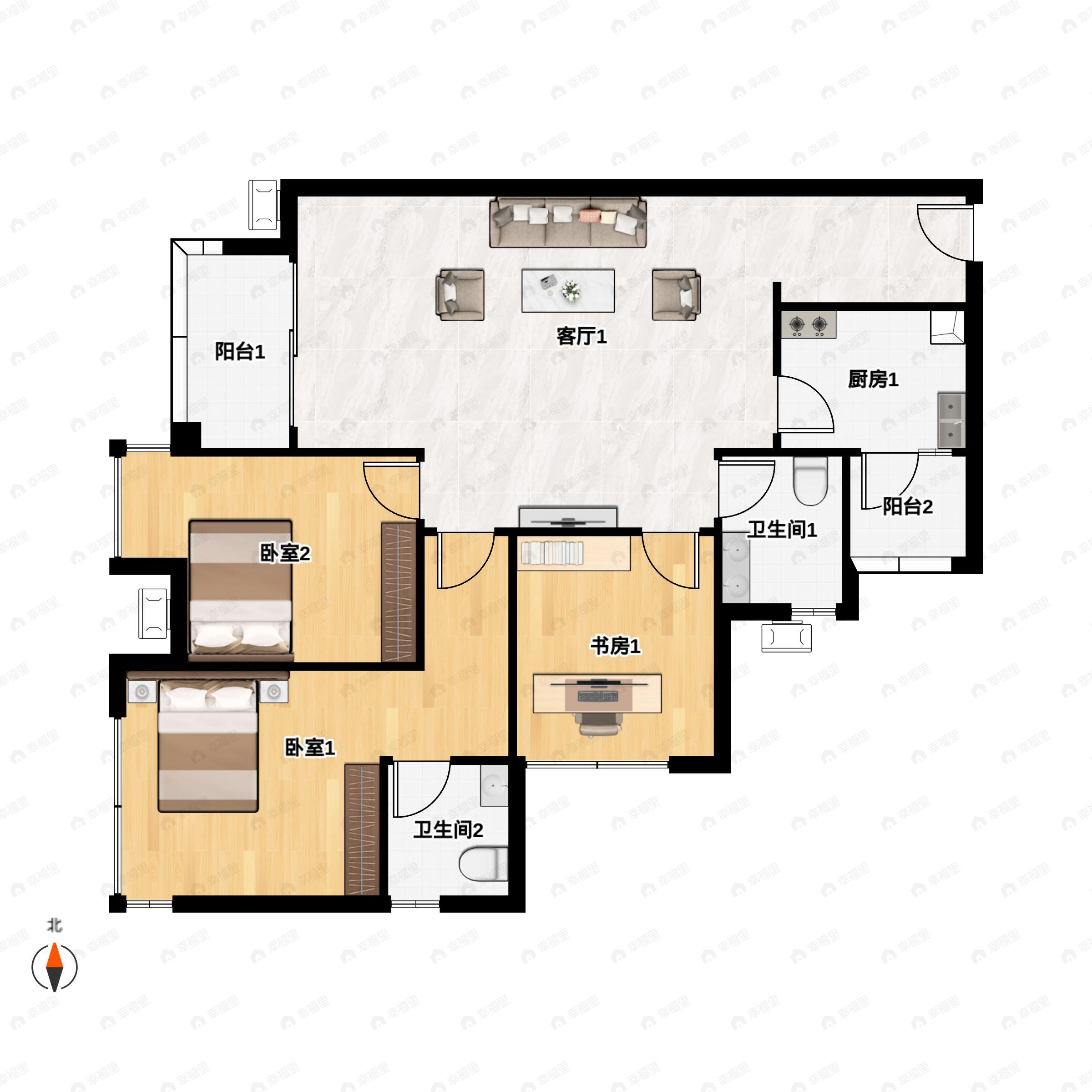 3室2厅2卫建面96平户型图