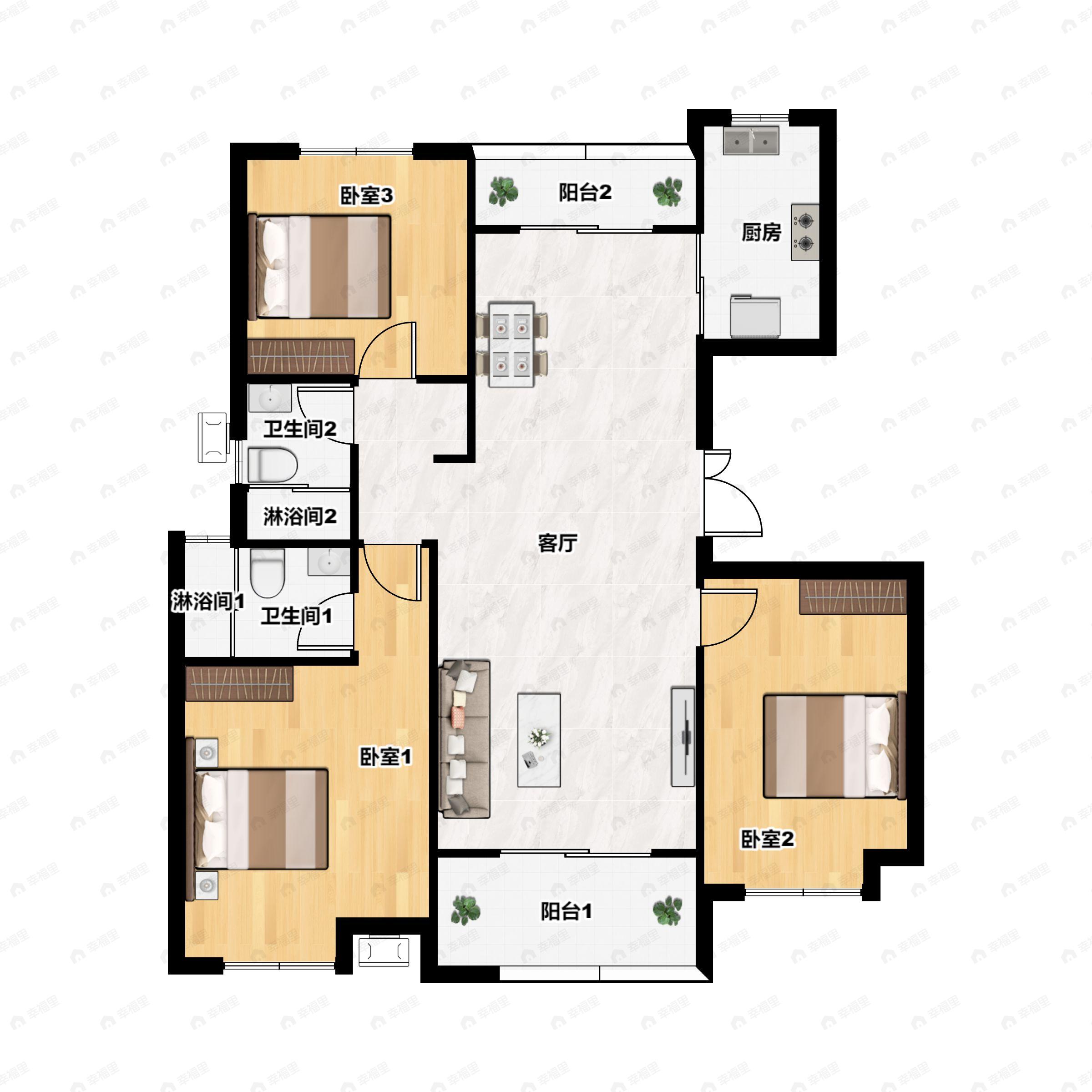 3室2厅2卫建面136m²南户型图