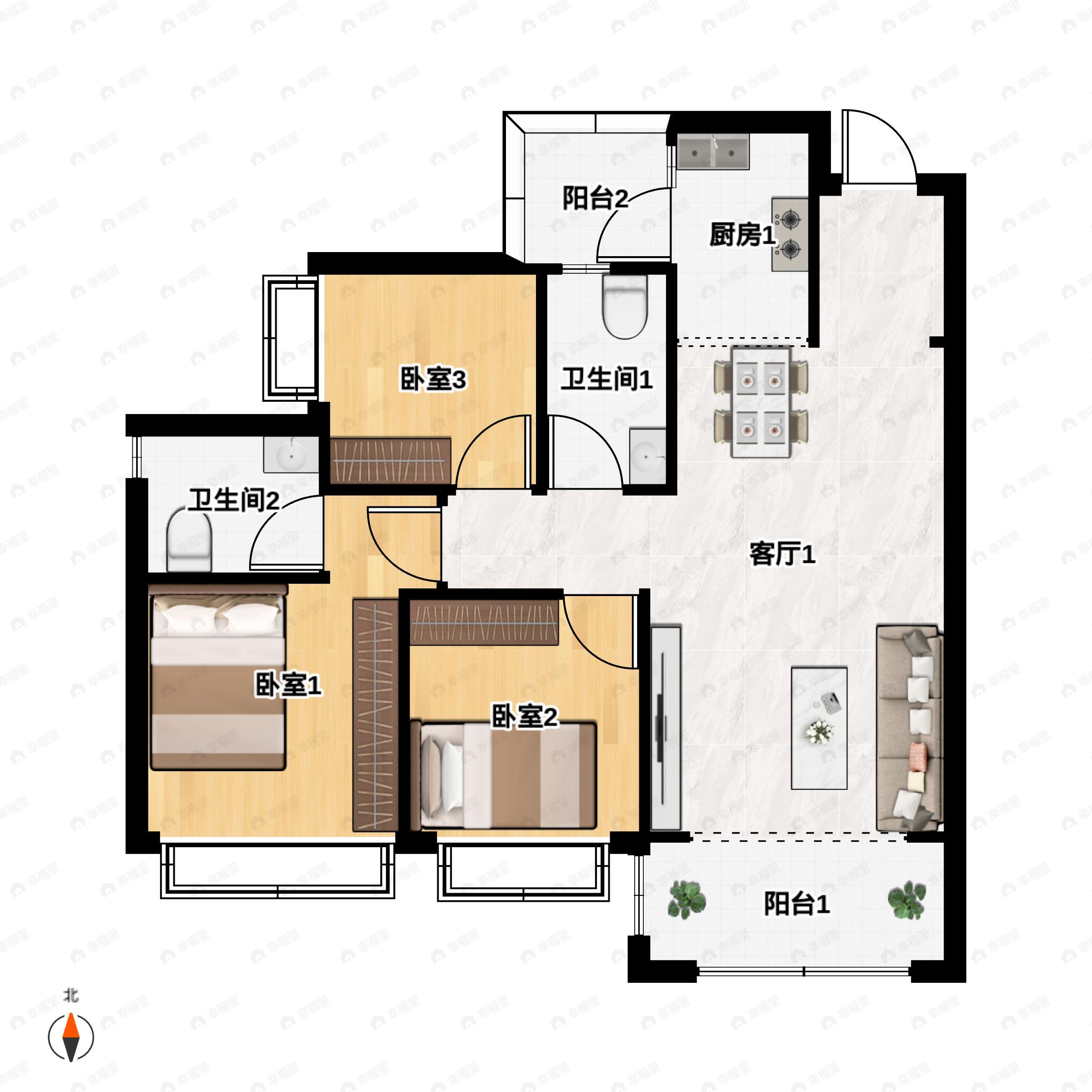 3室2厅2卫建面101平南|北户型图