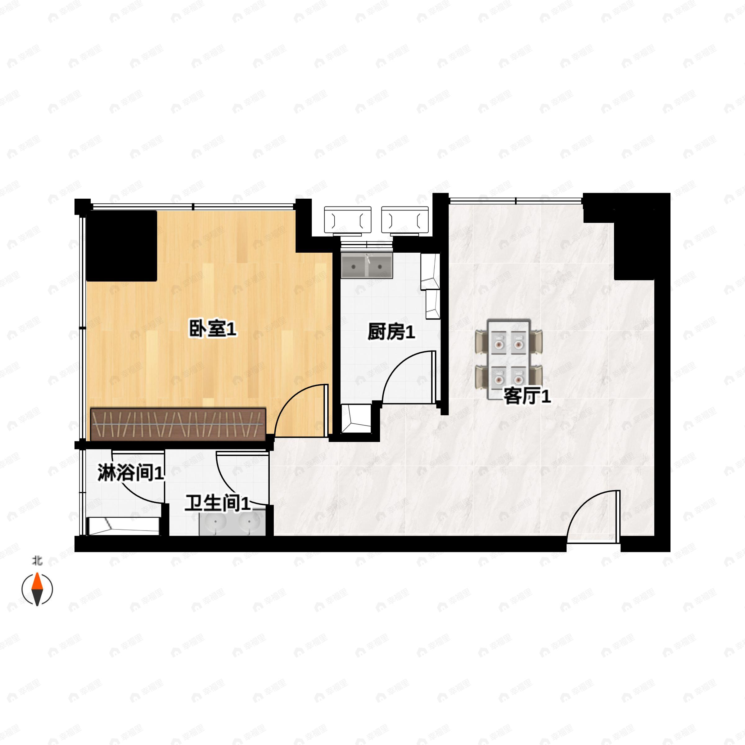 1室1厅1卫建面61m²北|西户型图