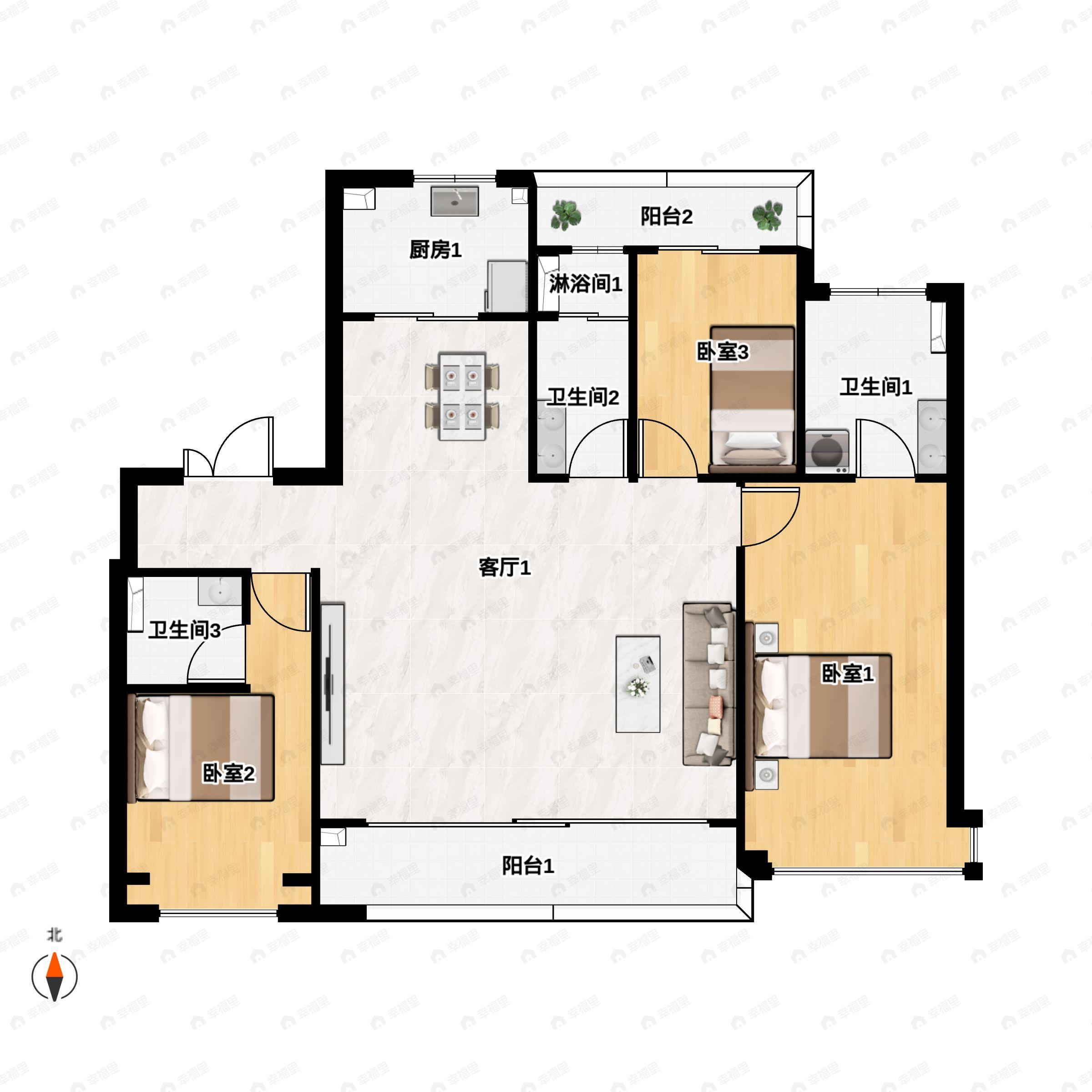 3室2厅3卫建面185平户型图