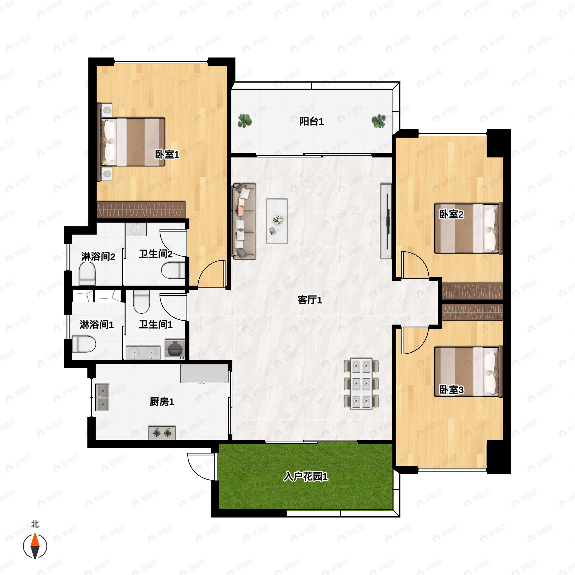 3室2厅2卫建面118m²南户型图