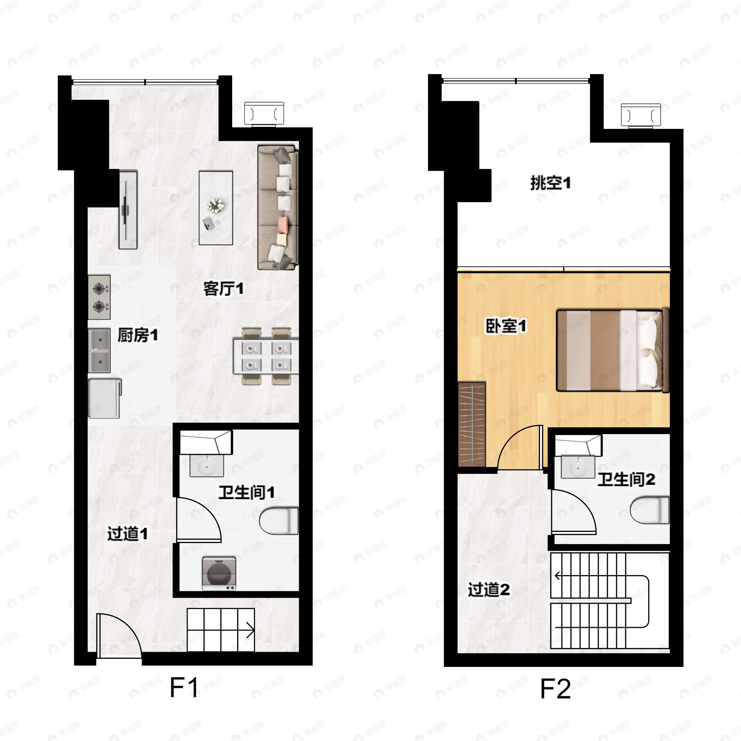 2室1厅2卫建面48平北户型图