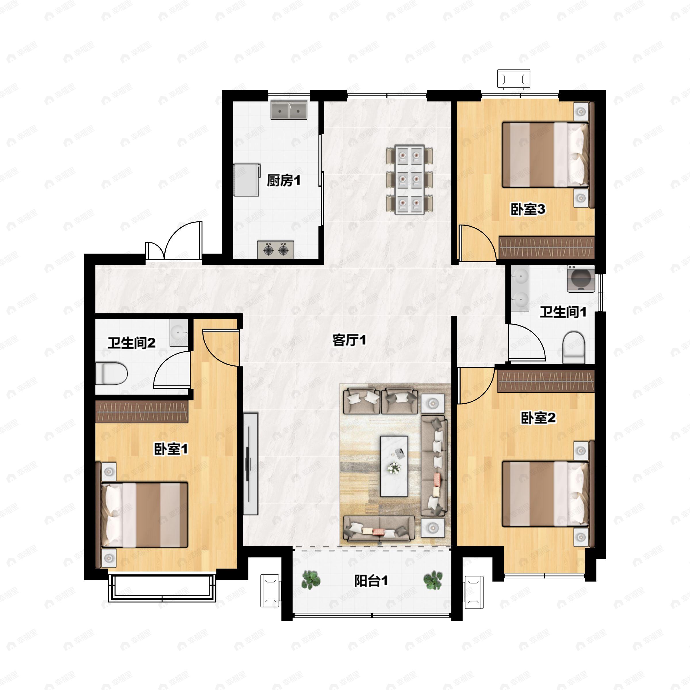 3室2厅2卫建面129平北|南户型图