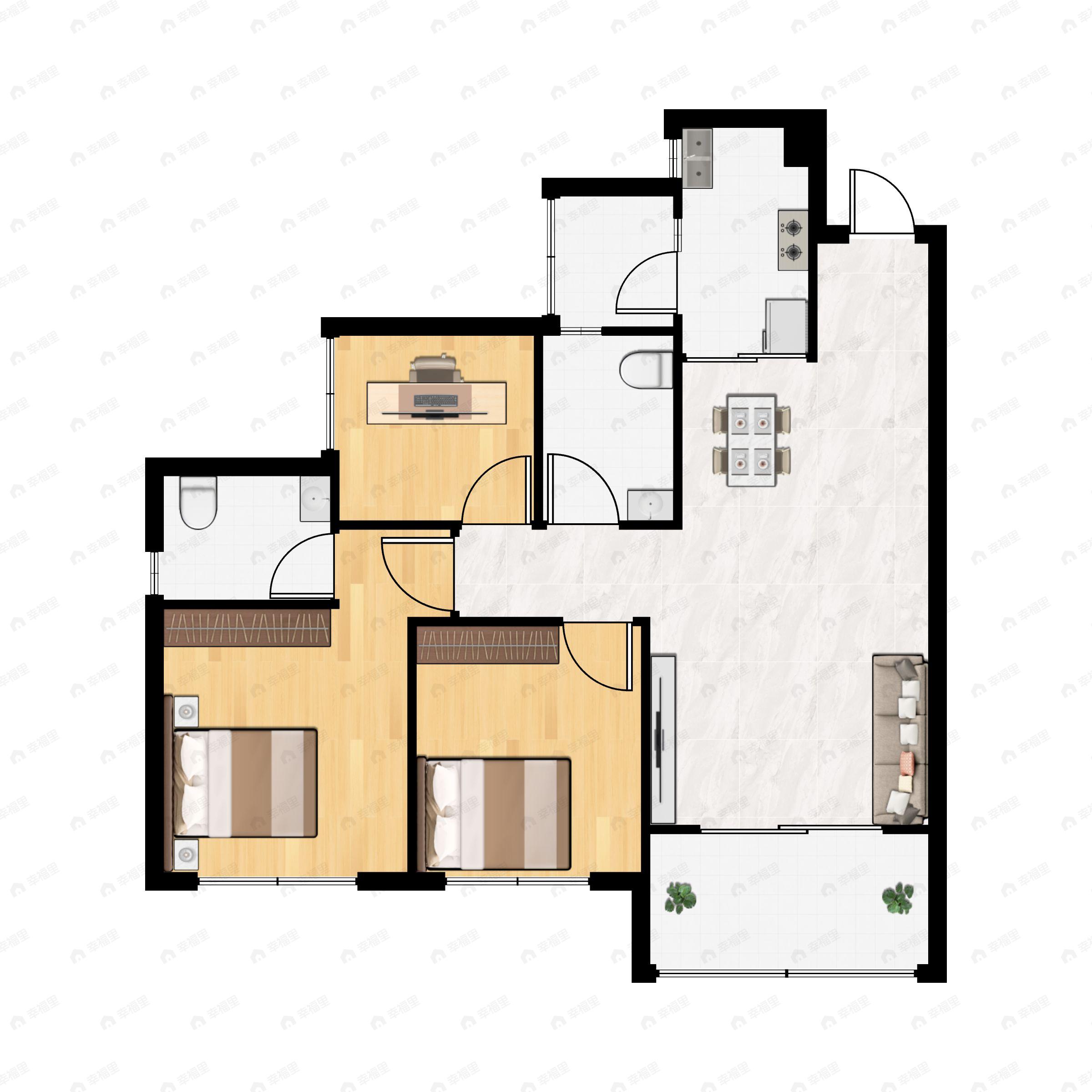 3室2厅2卫建面89平户型图