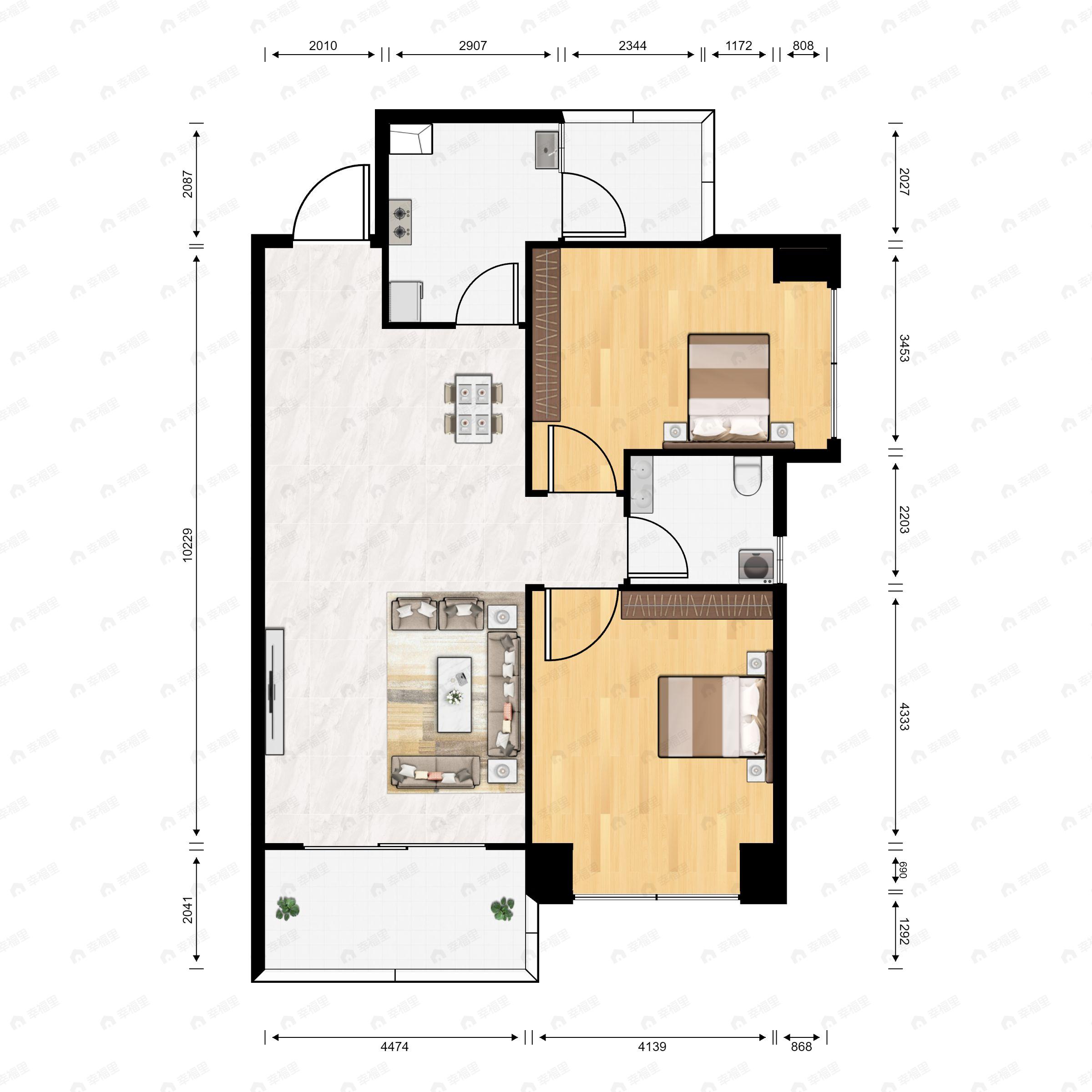 2室2厅1卫建面76m²南户型图