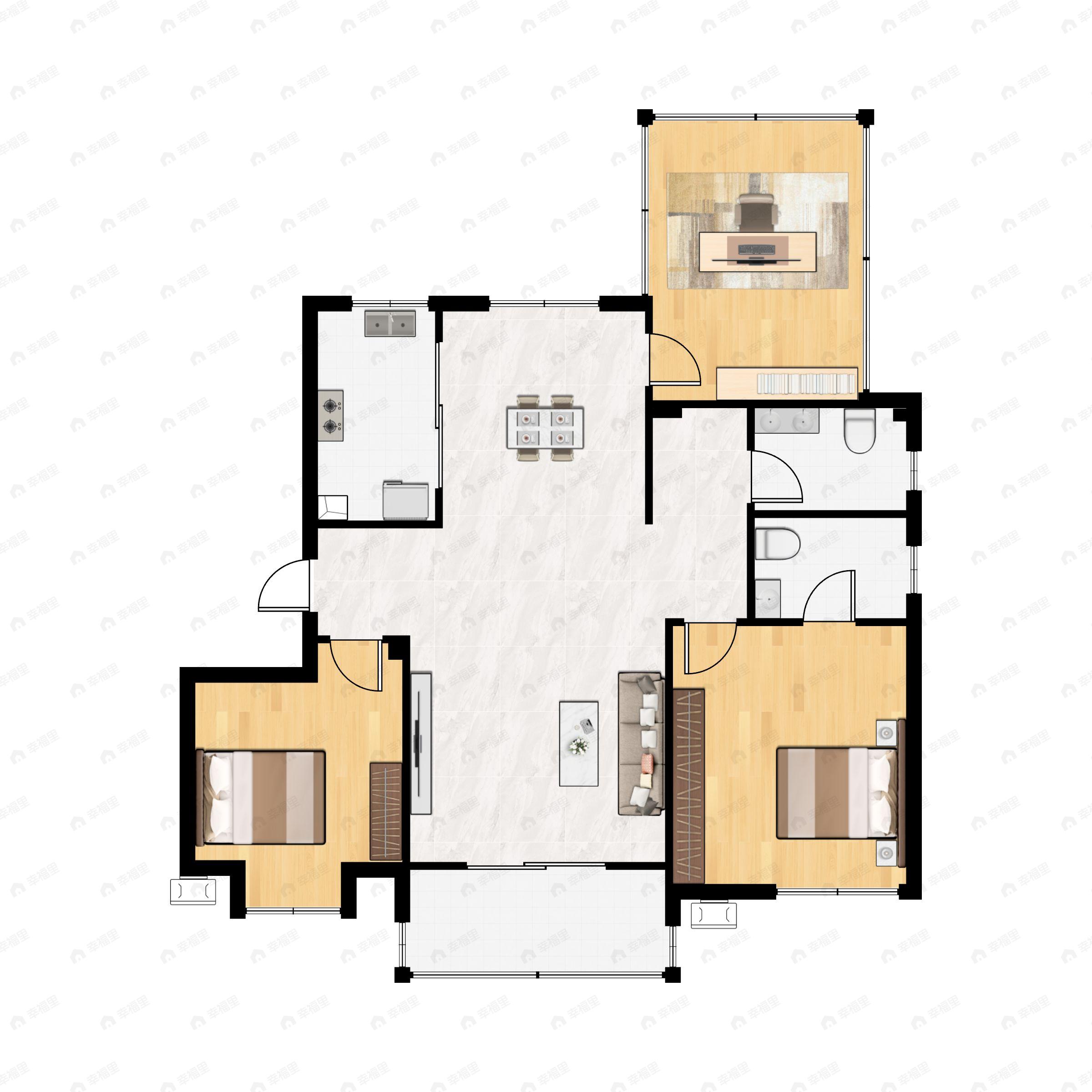 2室2厅2卫建面100m²南户型图
