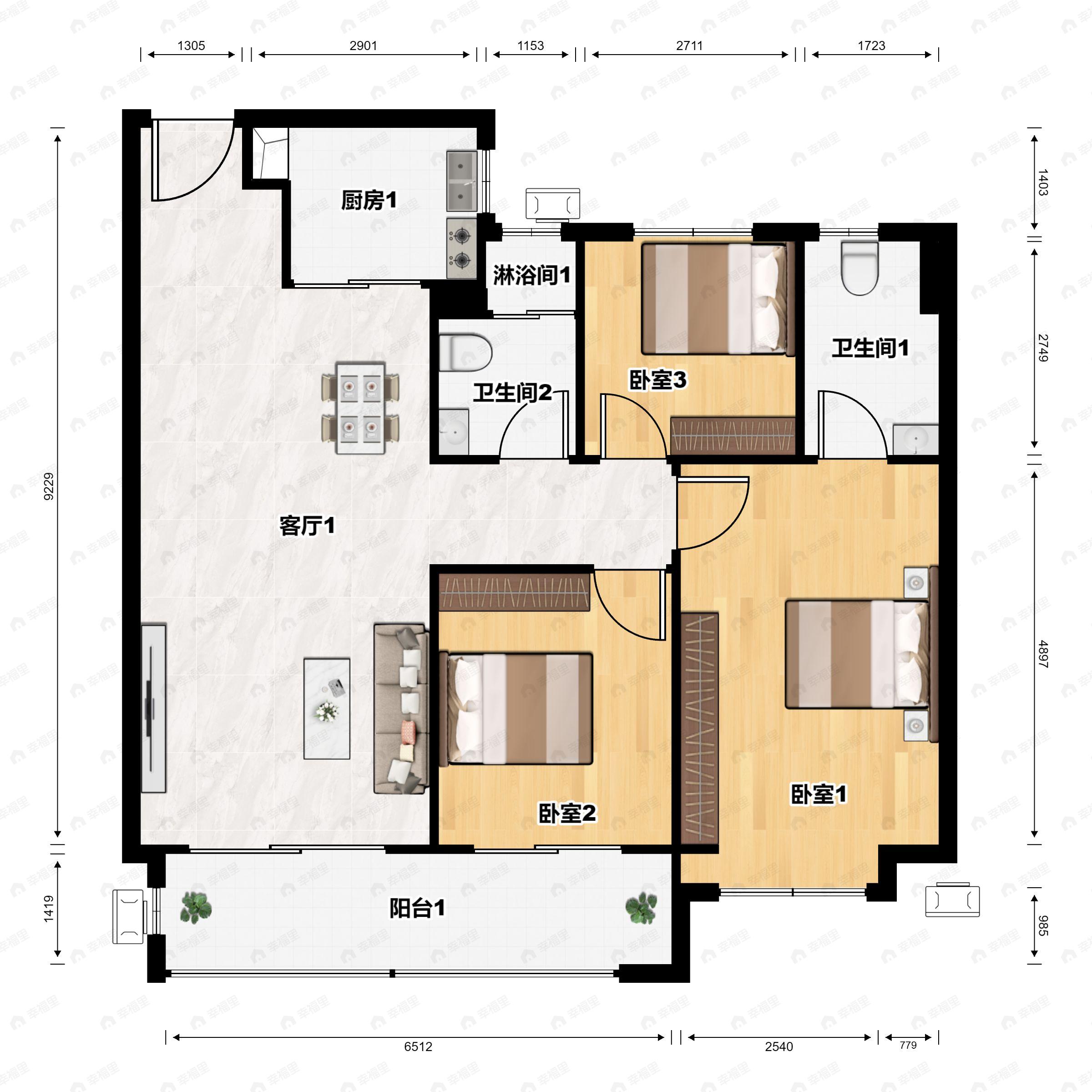 3室2厅2卫建面111平南户型图