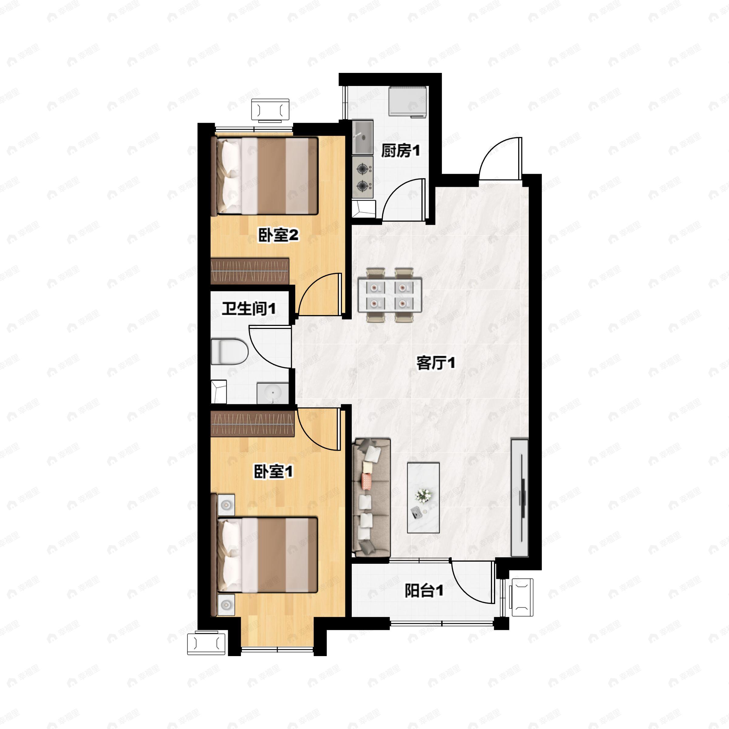 2室2厅1卫建面86m²南|北户型图