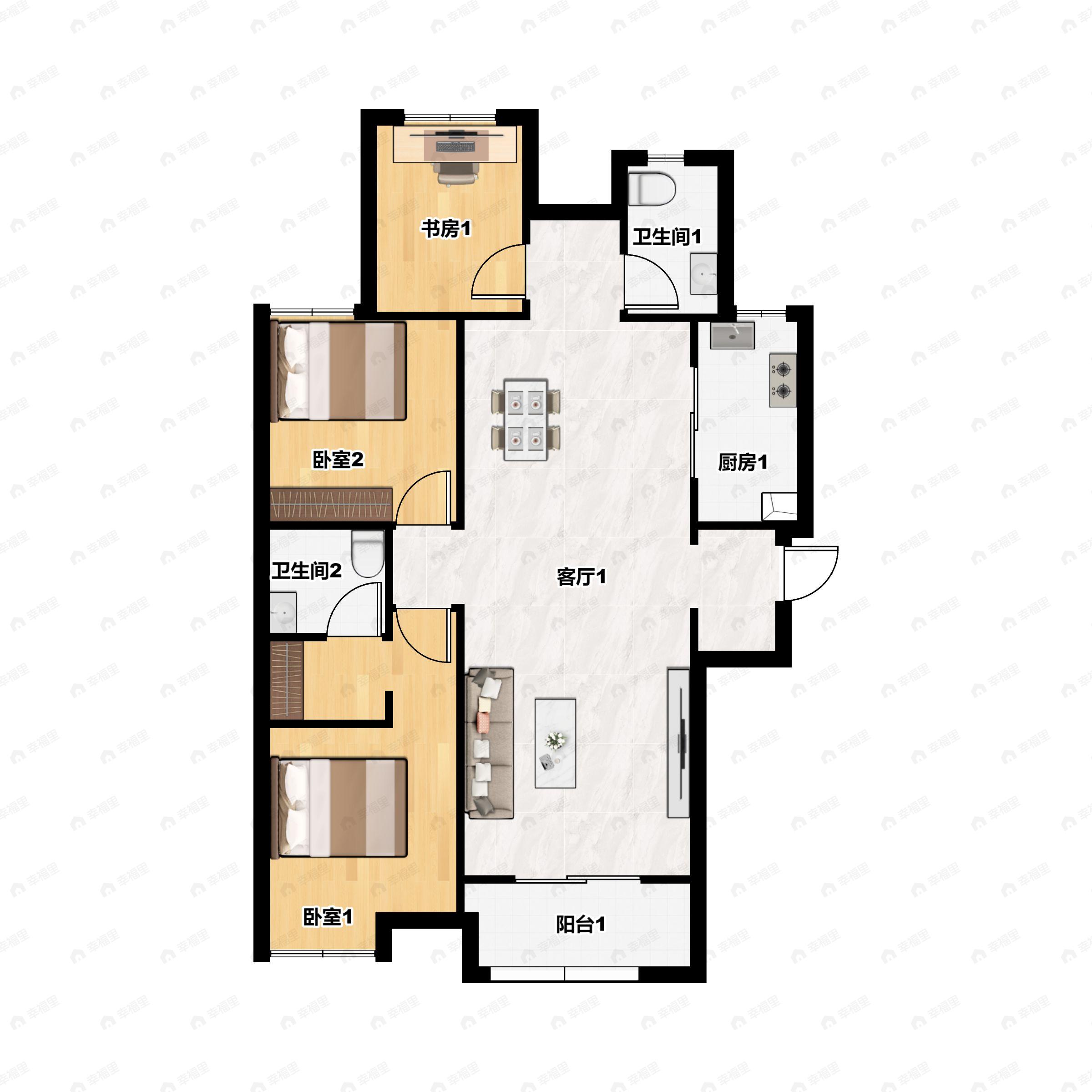 3室2厅2卫建面120平南户型图