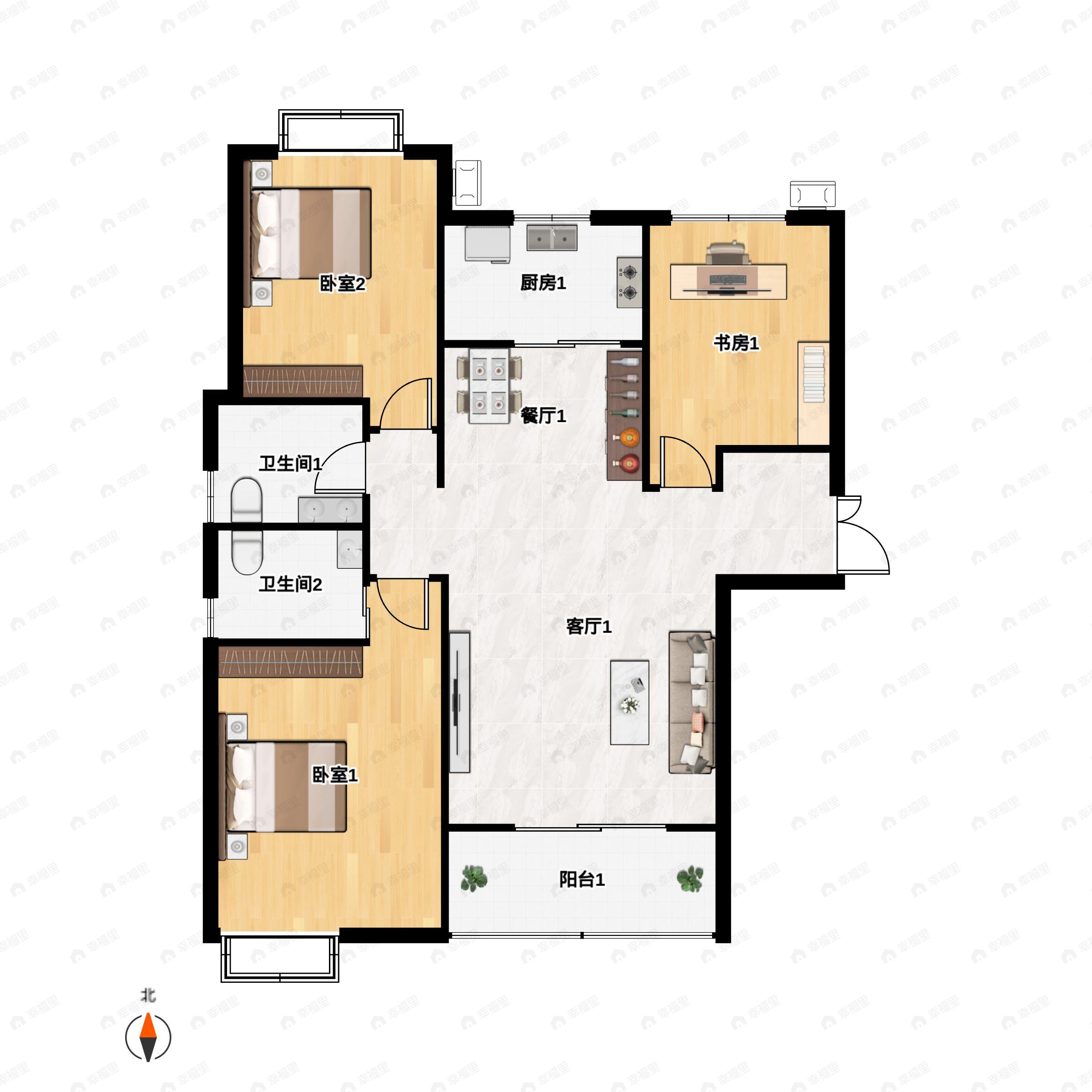 3室2厅2卫建面134平南户型图