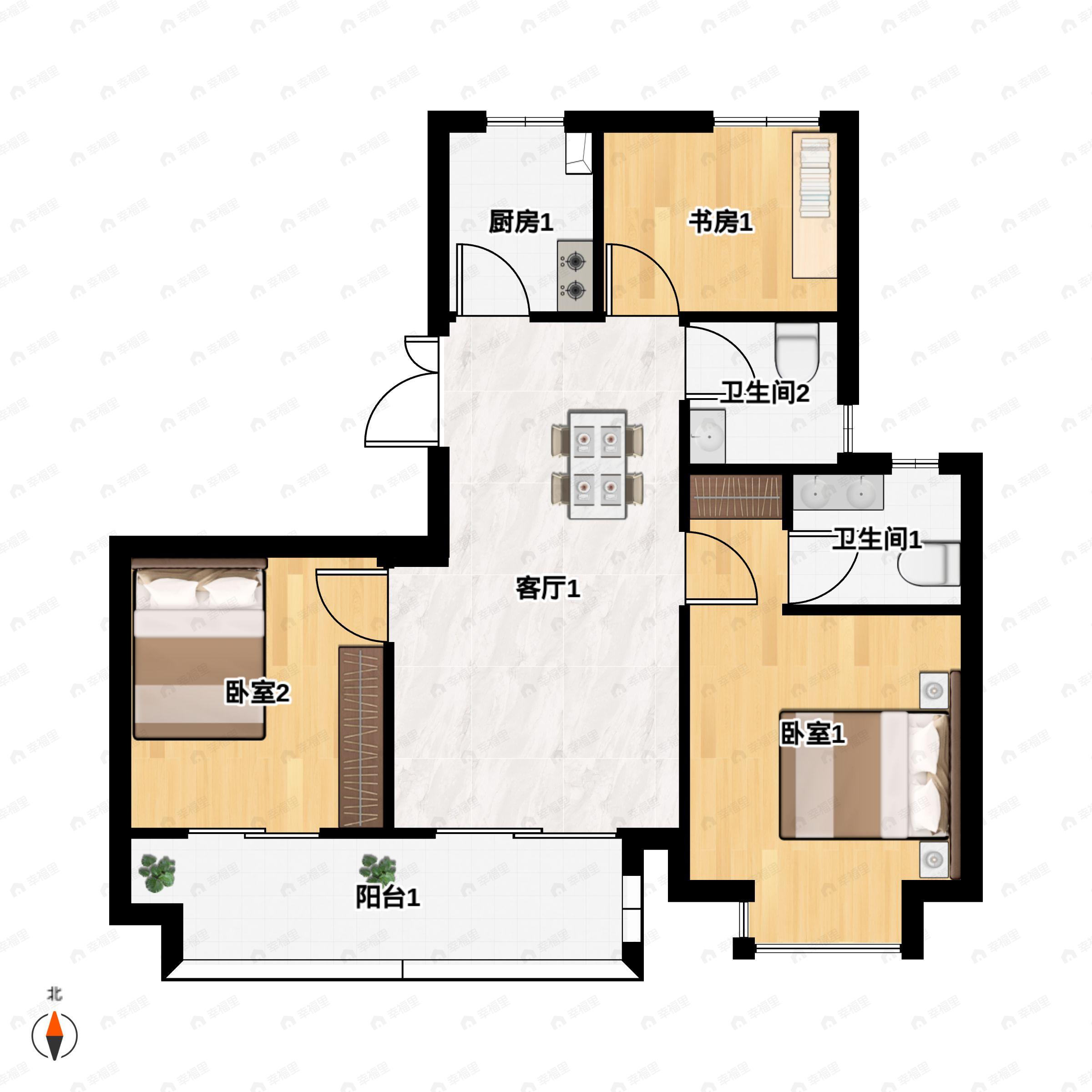 3室2厅2卫建面89平南户型图
