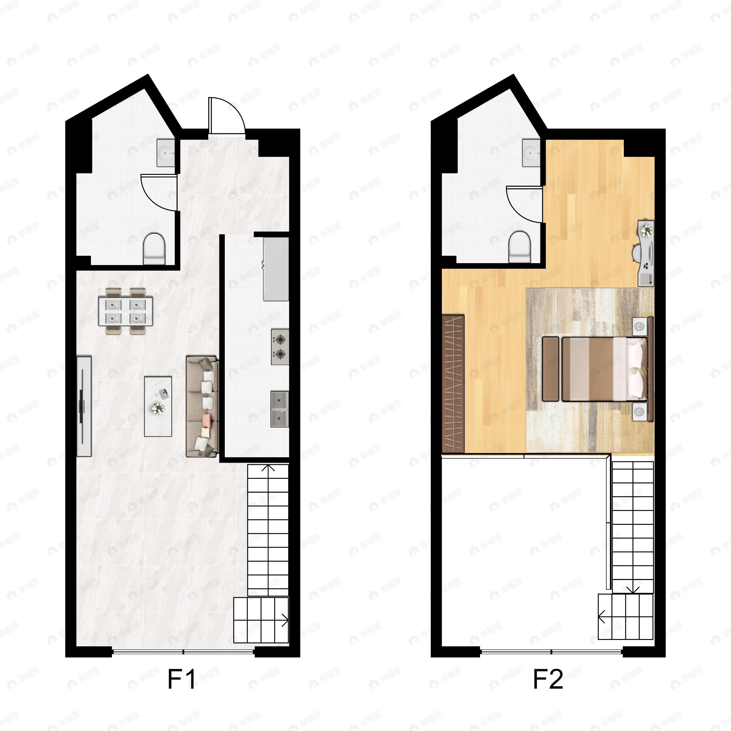 1室2厅2卫建面47m²西南|东南户型图