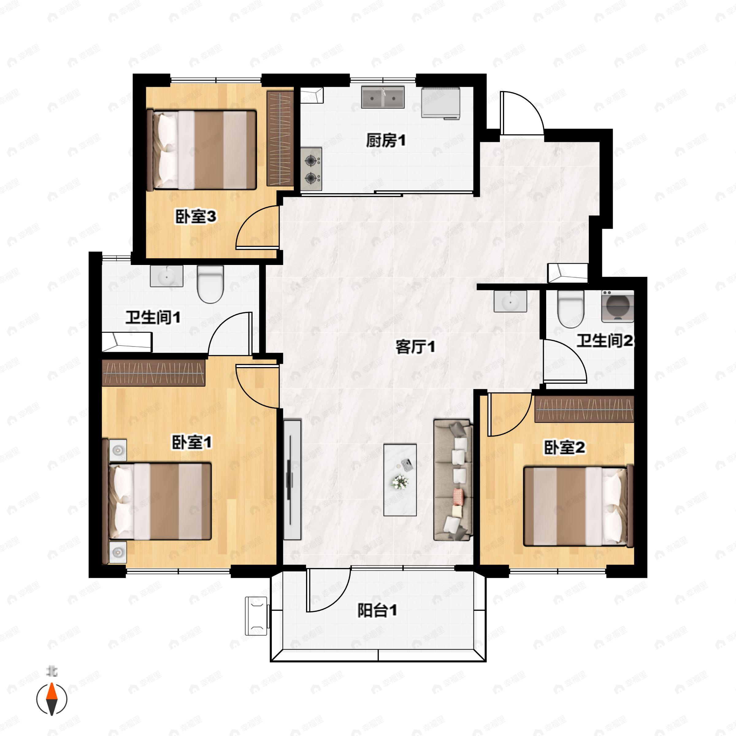 3室2厅2卫建面94平户型图