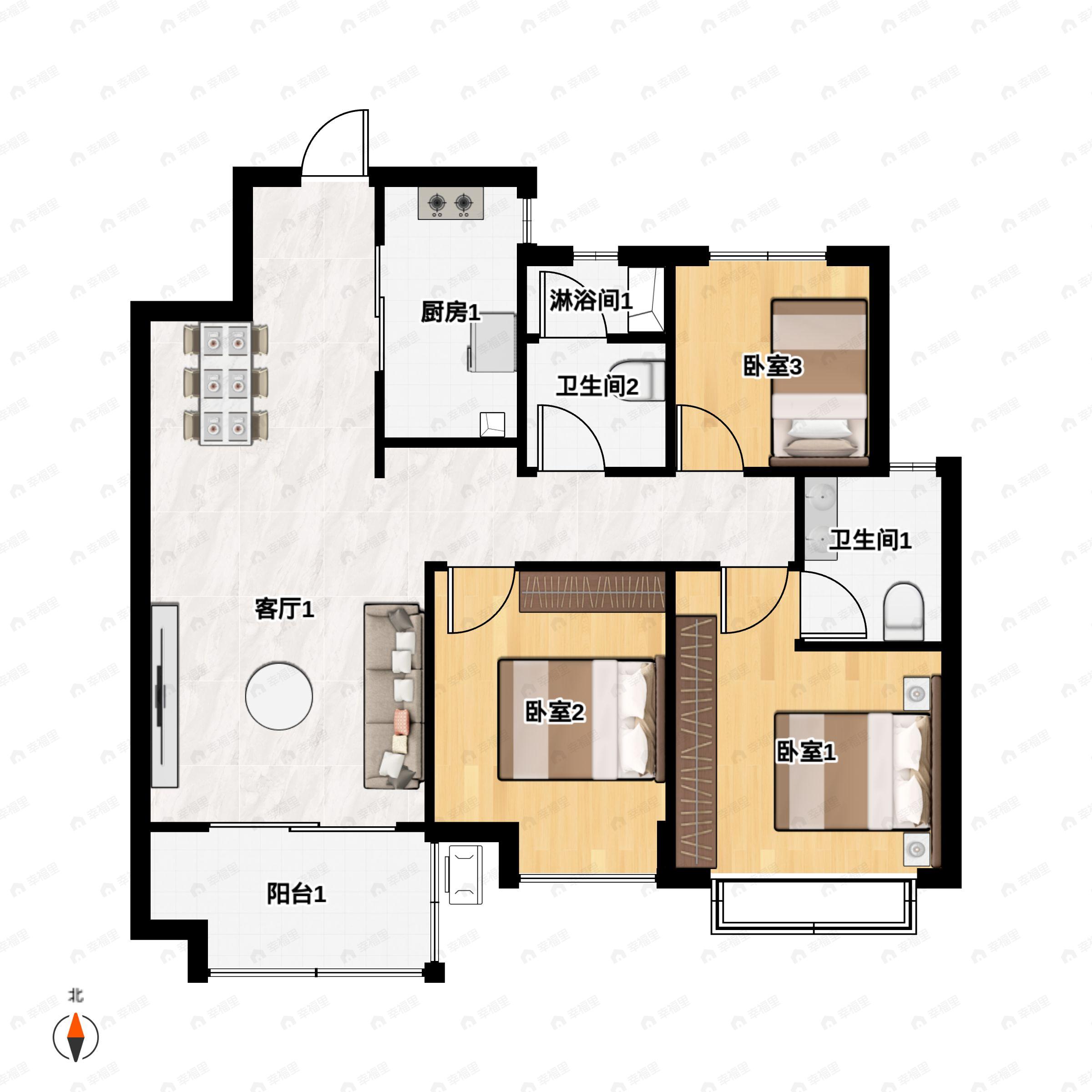 3室2厅2卫建面103m²南户型图