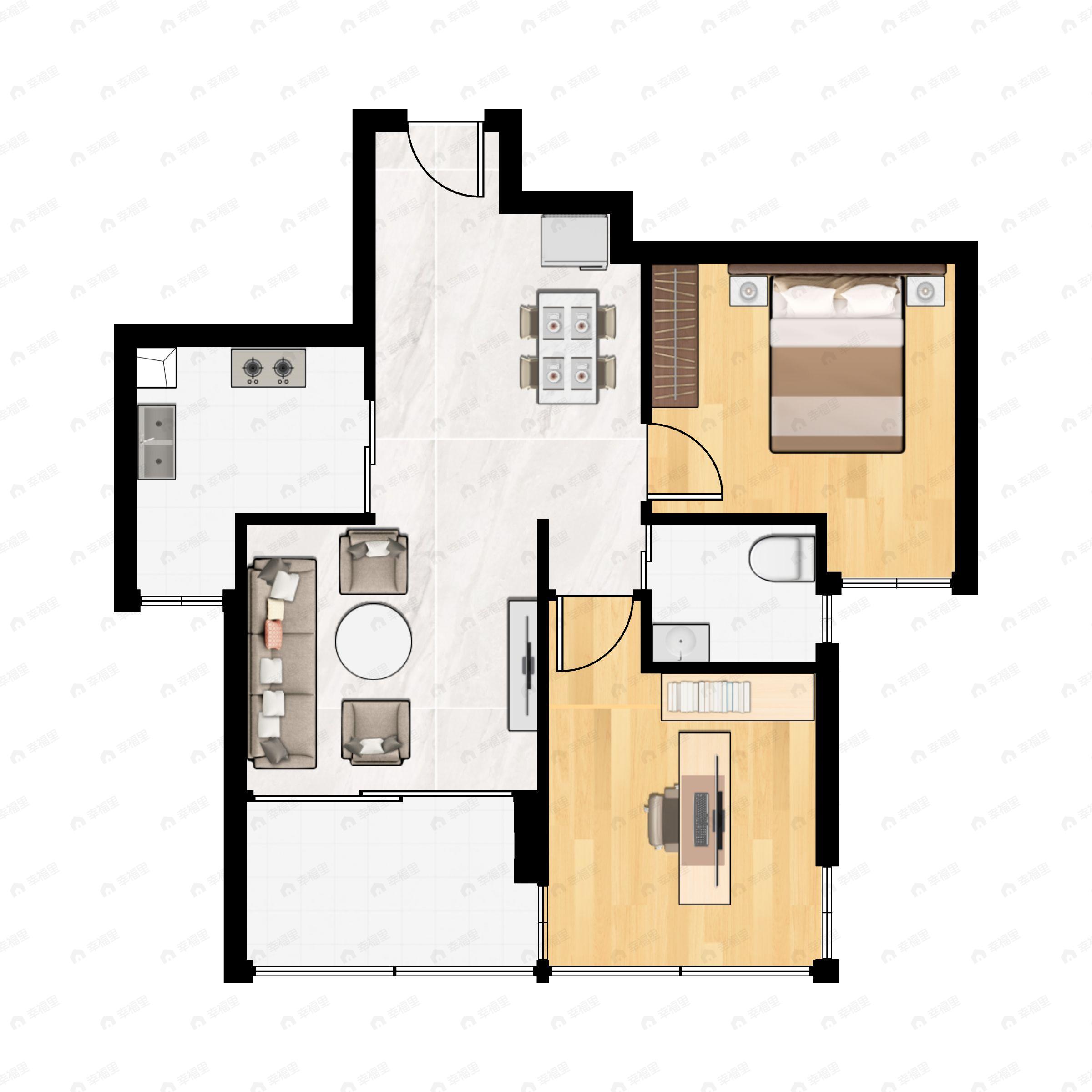 2室2厅1卫建面70m²南户型图